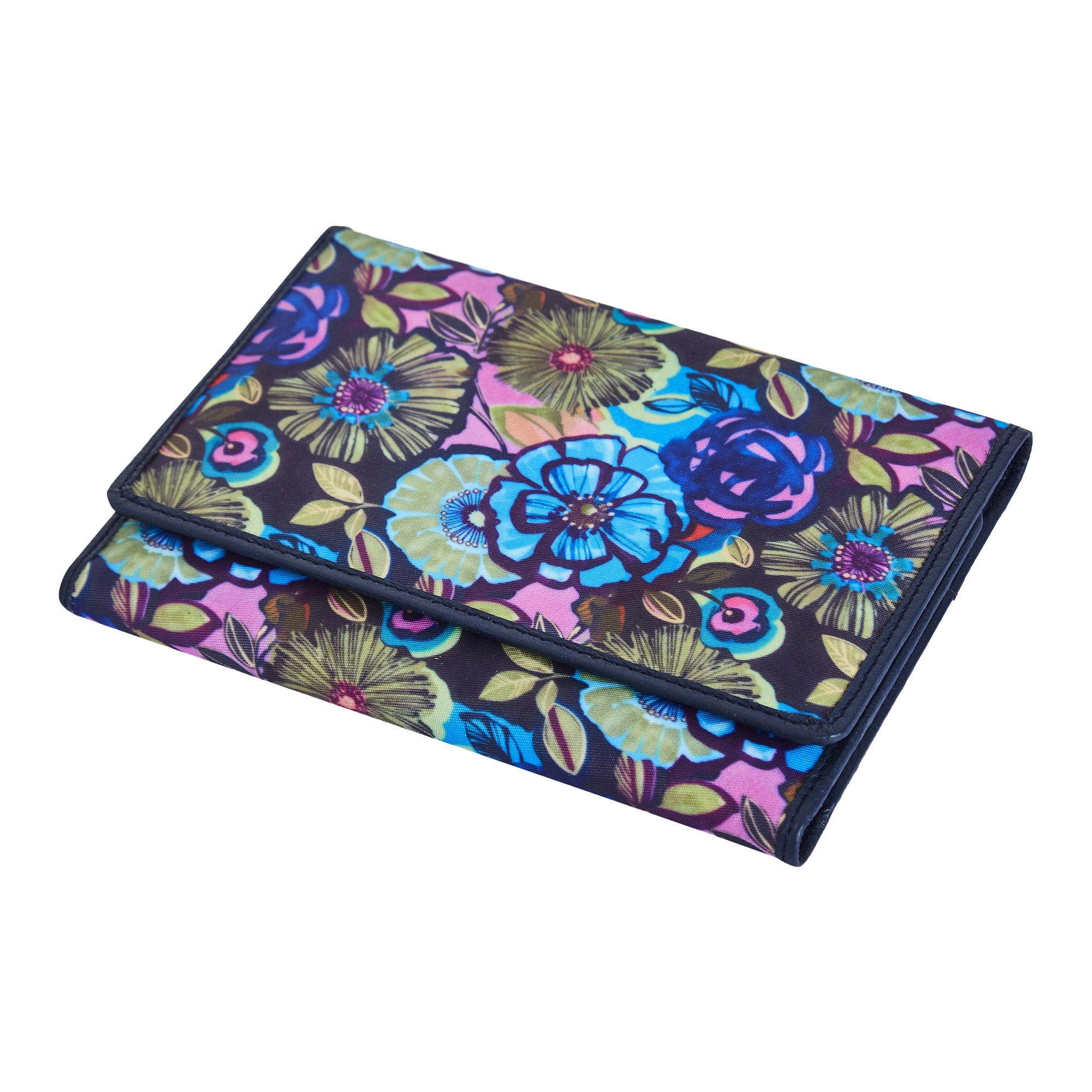 Floral Print Trifold Wallet and Organizer with Genuine Leather Accents for Women