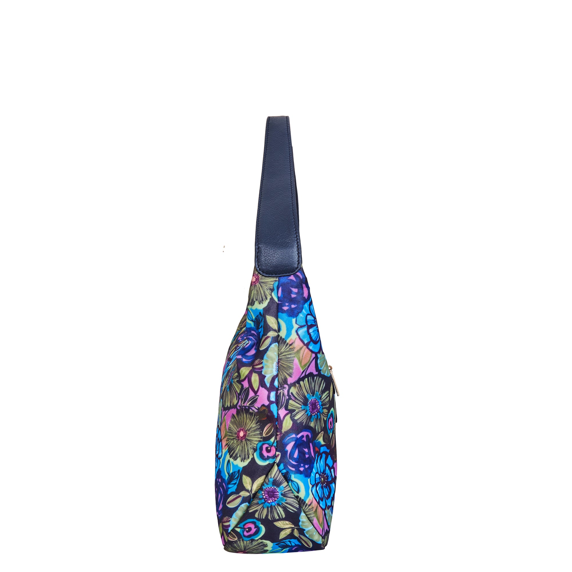 Hobo Sling Bag with Leather Accents and Botanical Print Fabric