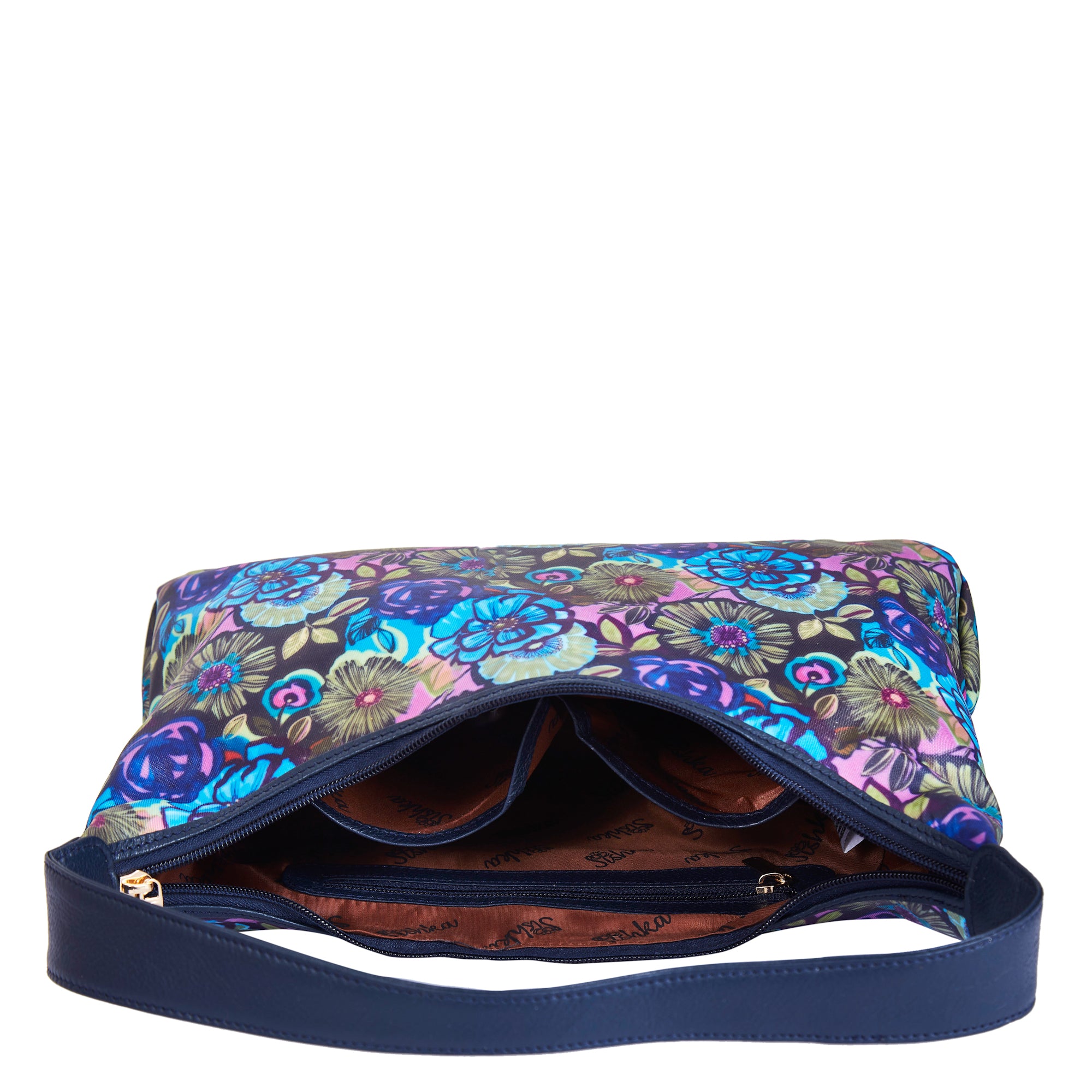 Hobo Sling Bag with Leather Accents and Botanical Print Fabric