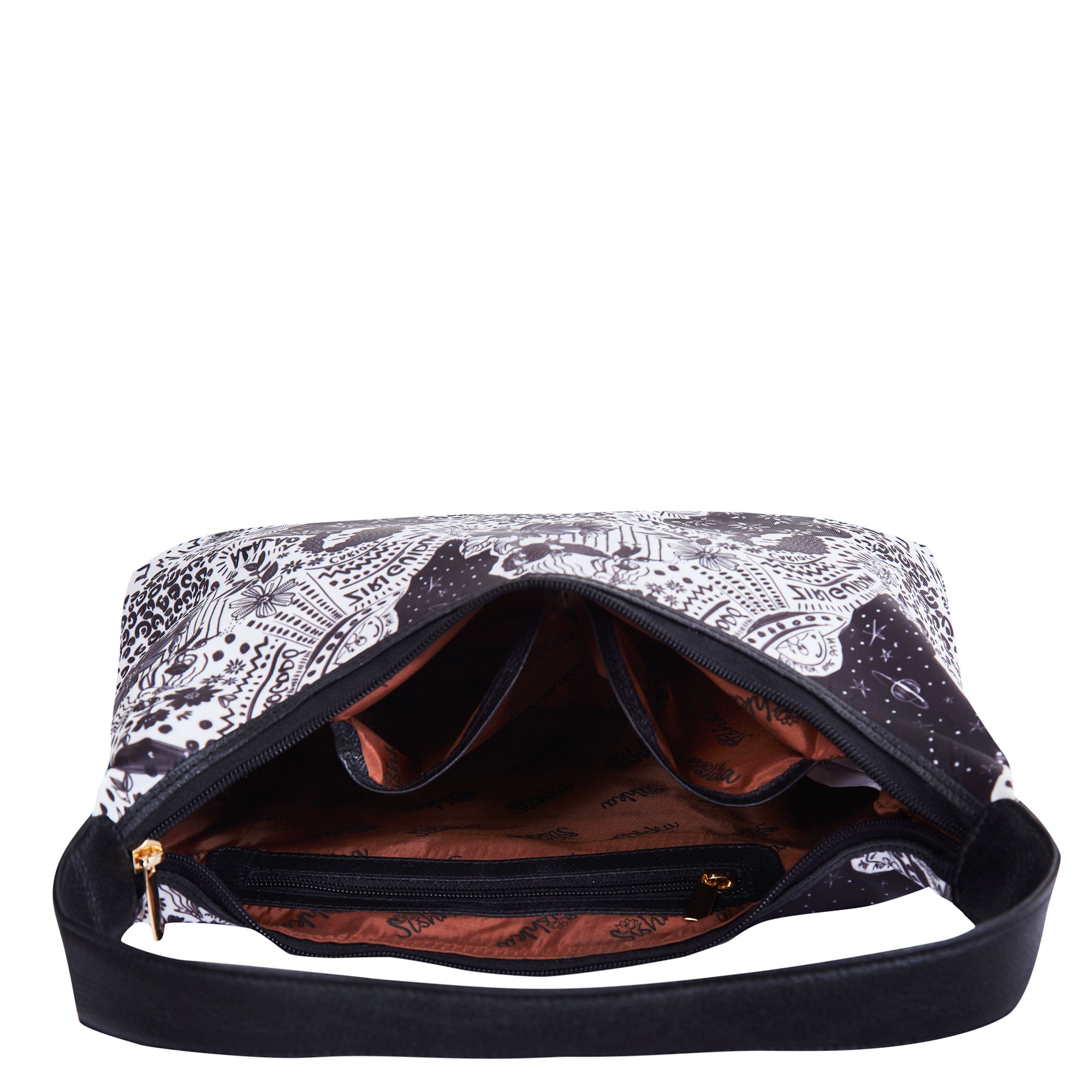 Sling Hobo Bag in Monochrome Print with Leather Trim