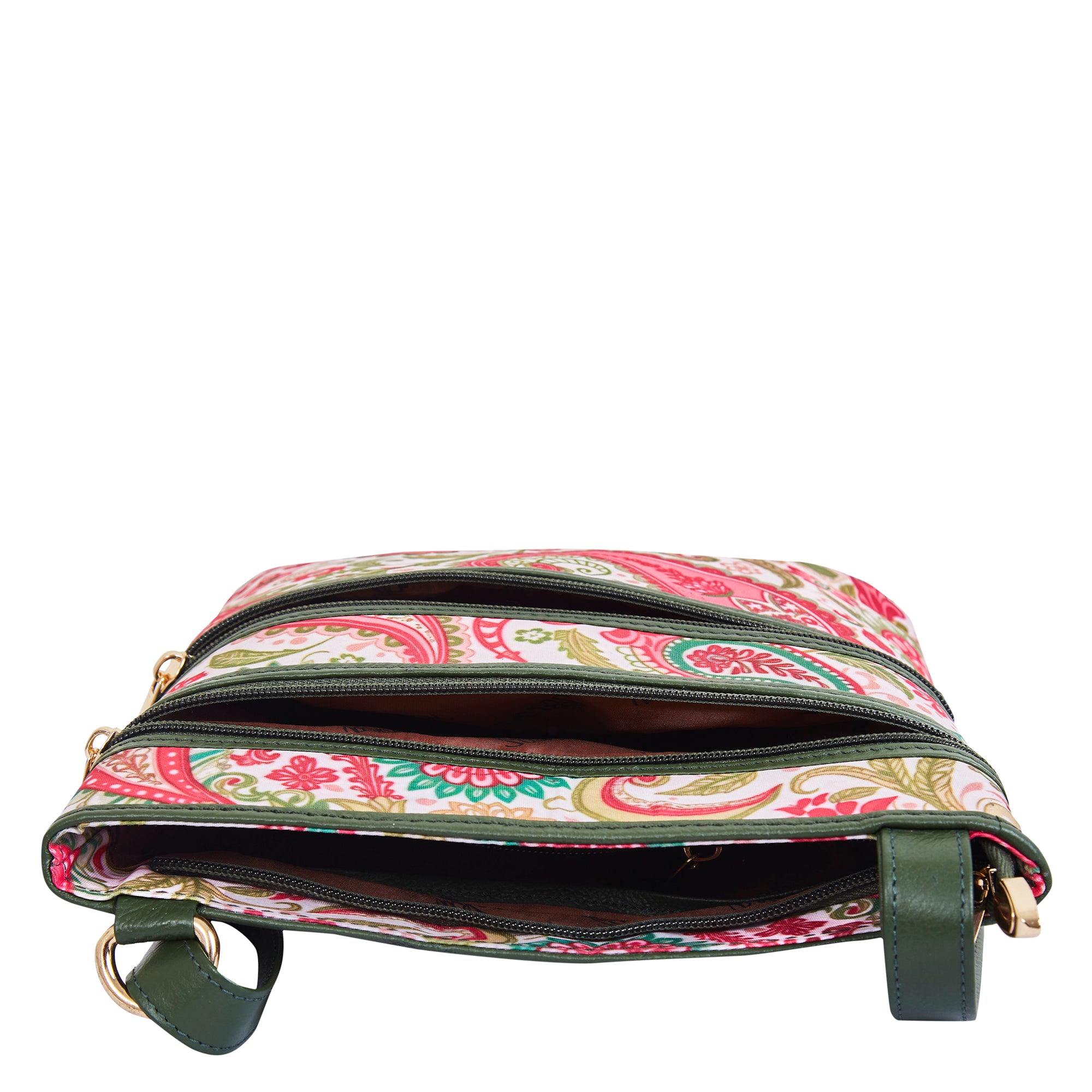 Crossbody Bag with Leather Trim and Paisley Print Fabric for Women