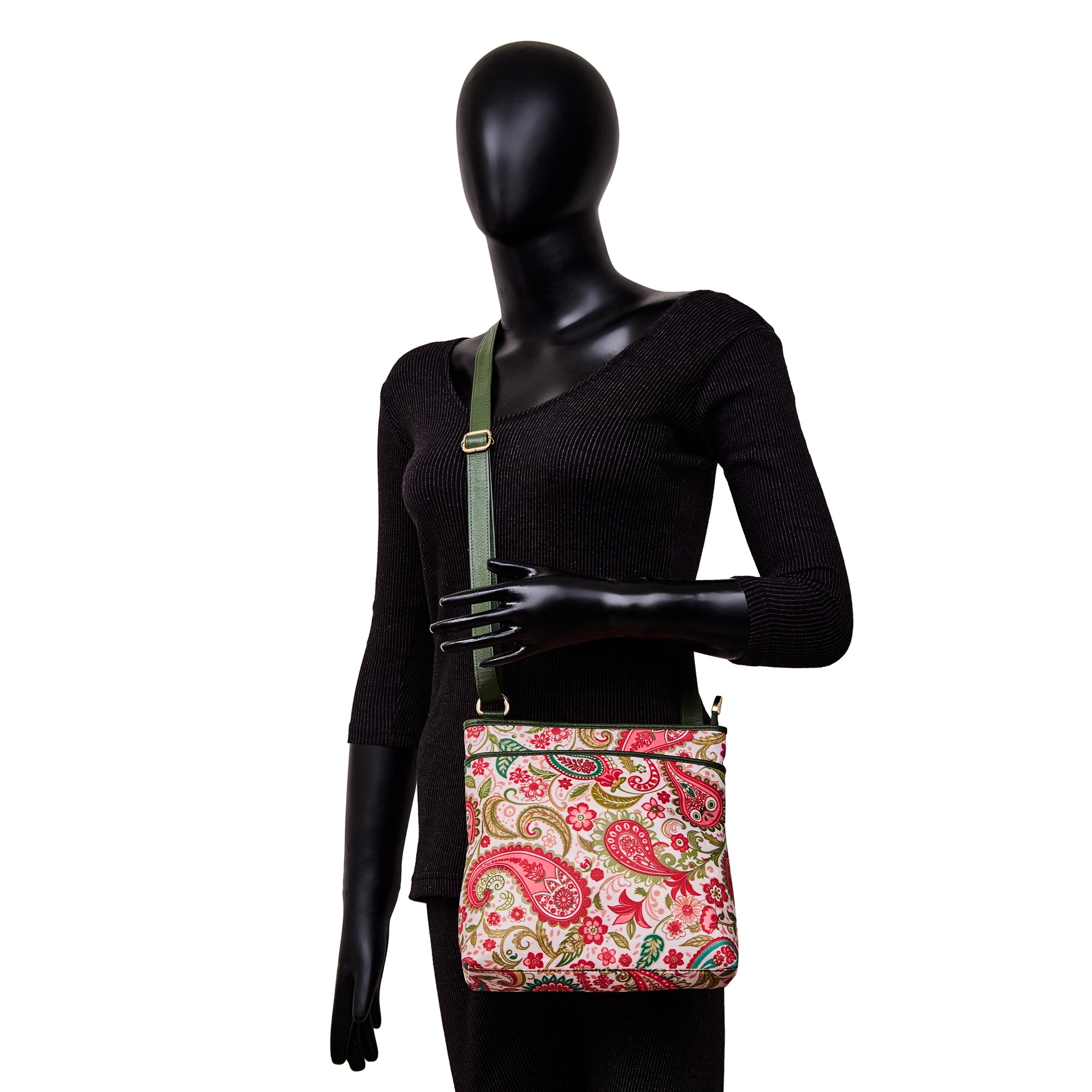 Crossbody Bag with Leather Trim and Paisley Print Fabric for Women