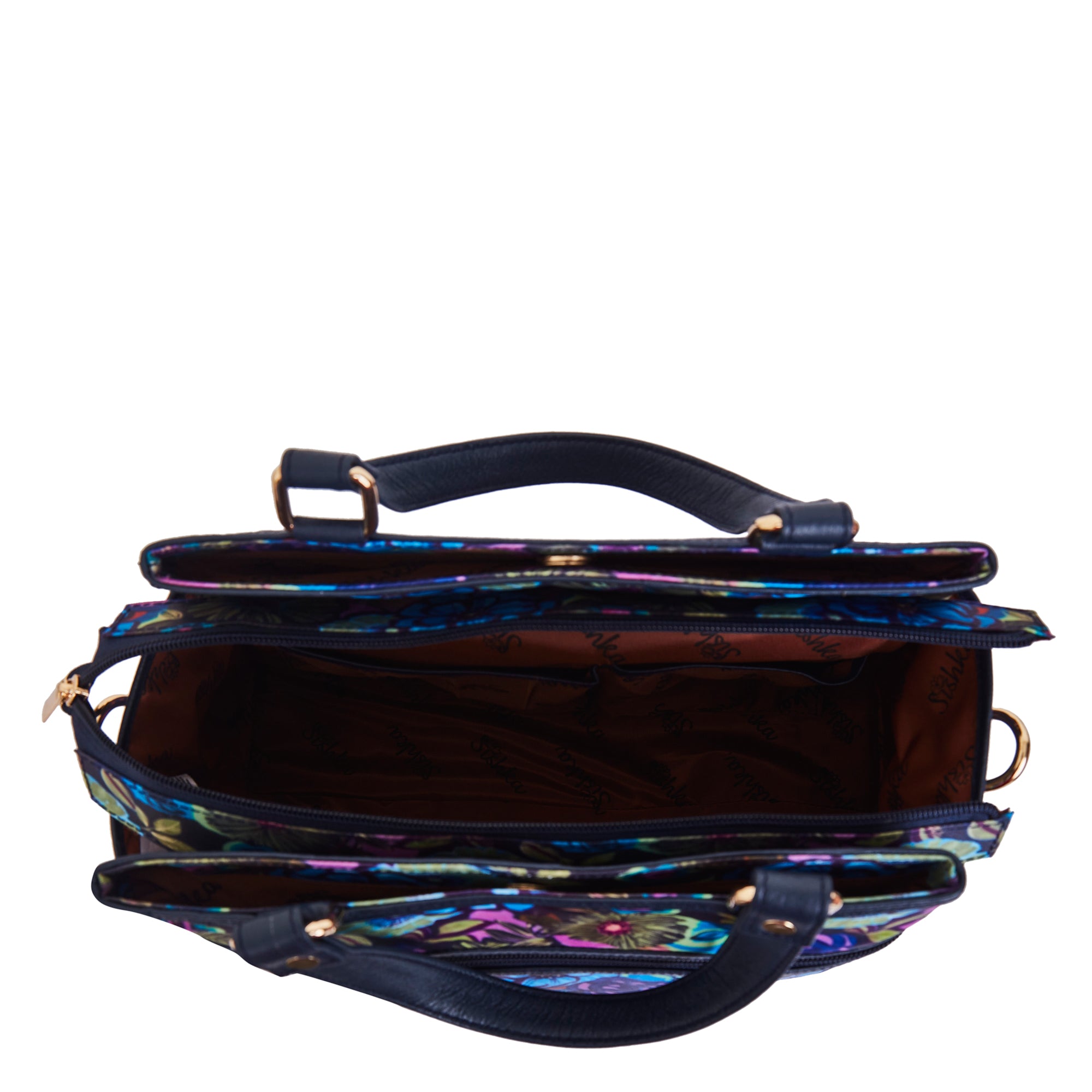 Multi-Compartment Botanical Print Satchel Bag with Leather Trim