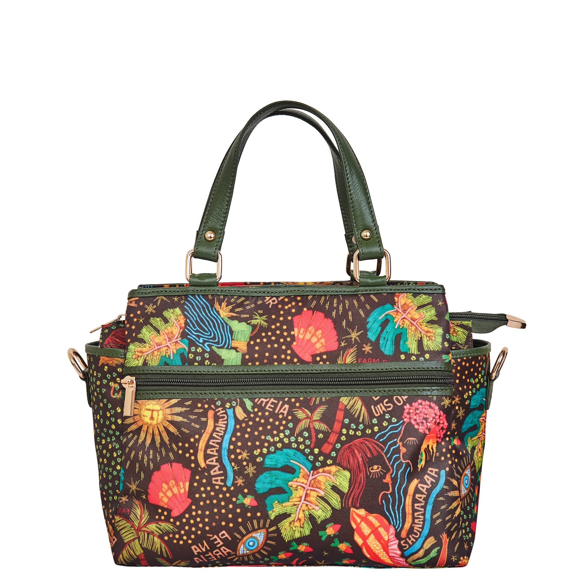 Satchel Bag with Coastal Print and Leather Outer Trim