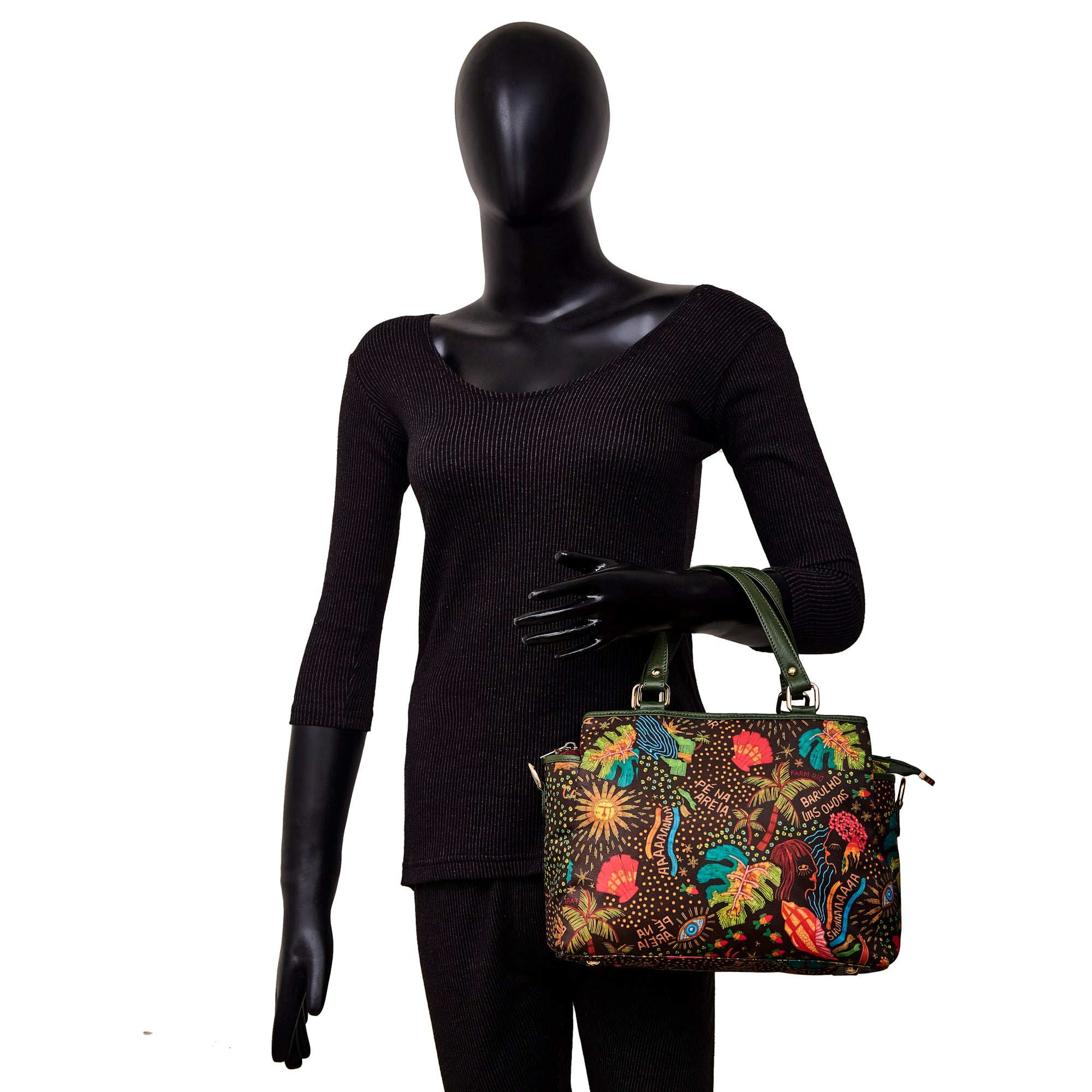 Satchel Bag with Coastal Print and Leather Outer Trim