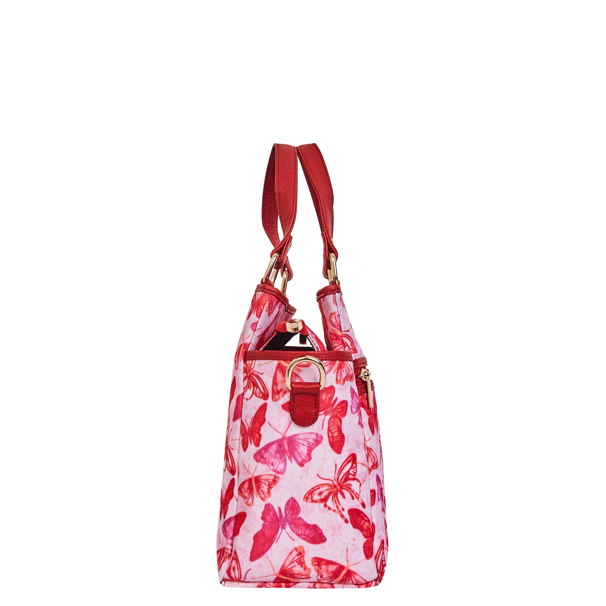 Women's Satchel Bag with Butterfly Wings Print and Geniune Leather Details
