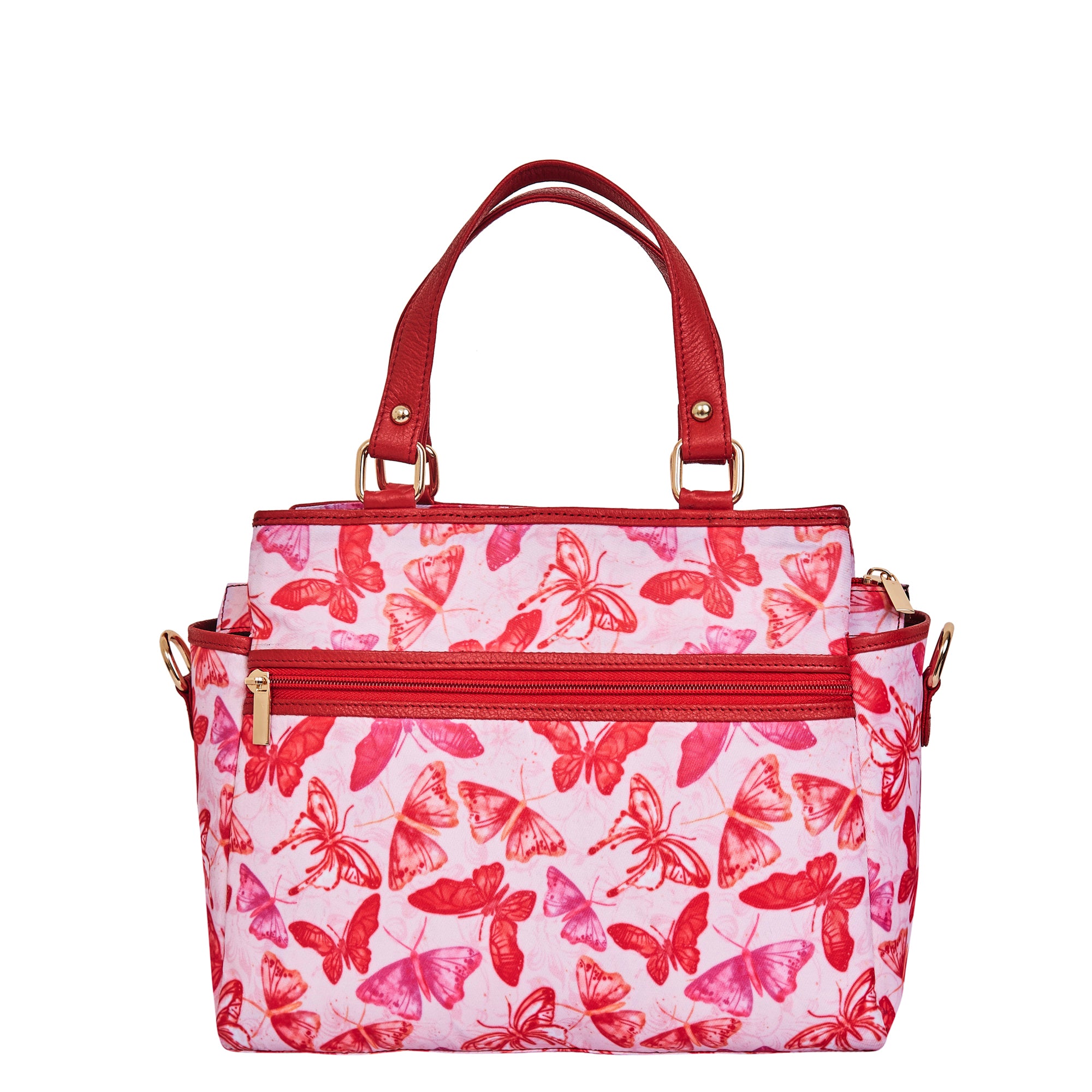 Women's Satchel Bag with Butterfly Wings Print and Geniune Leather Details