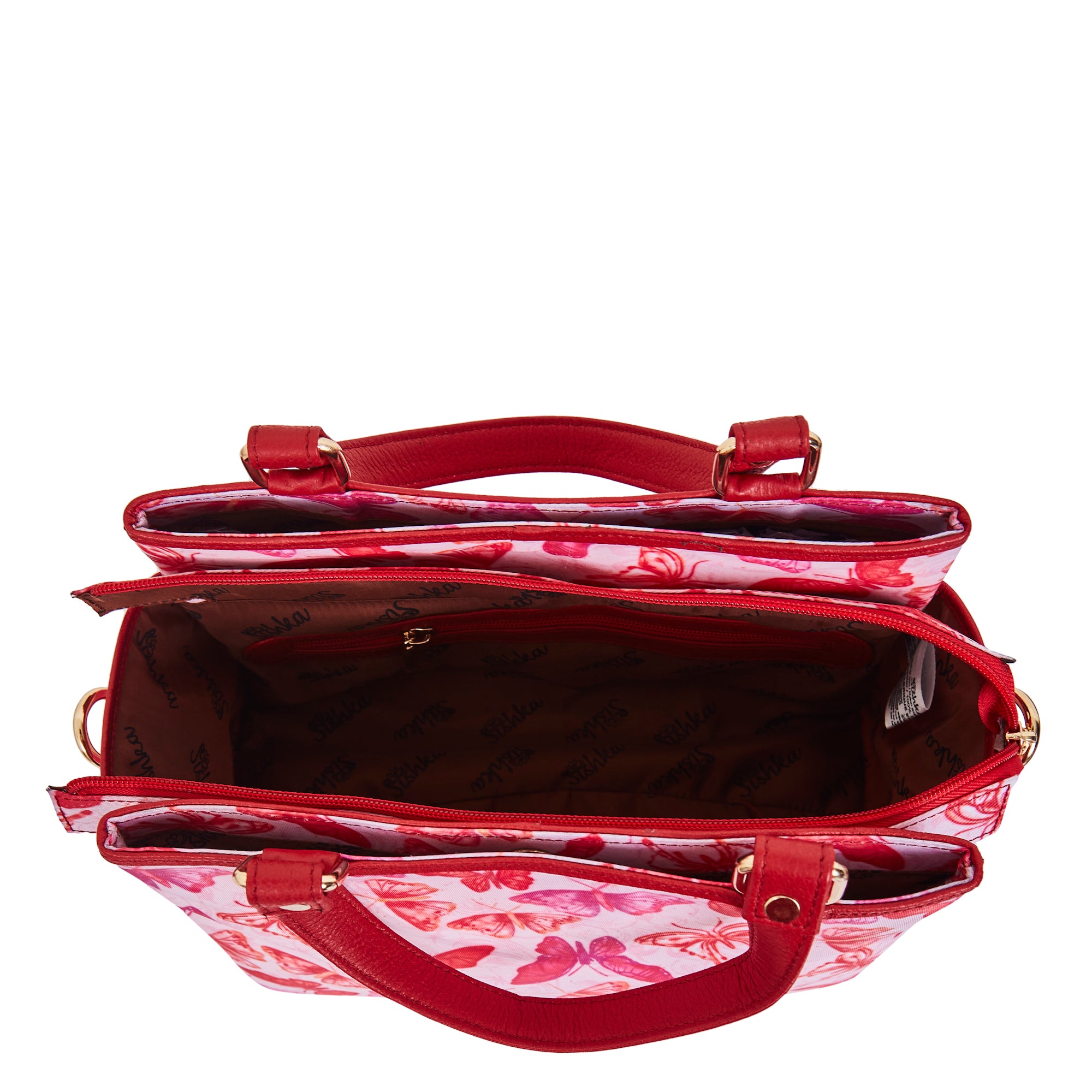 Women's Satchel Bag with Butterfly Wings Print and Geniune Leather Details