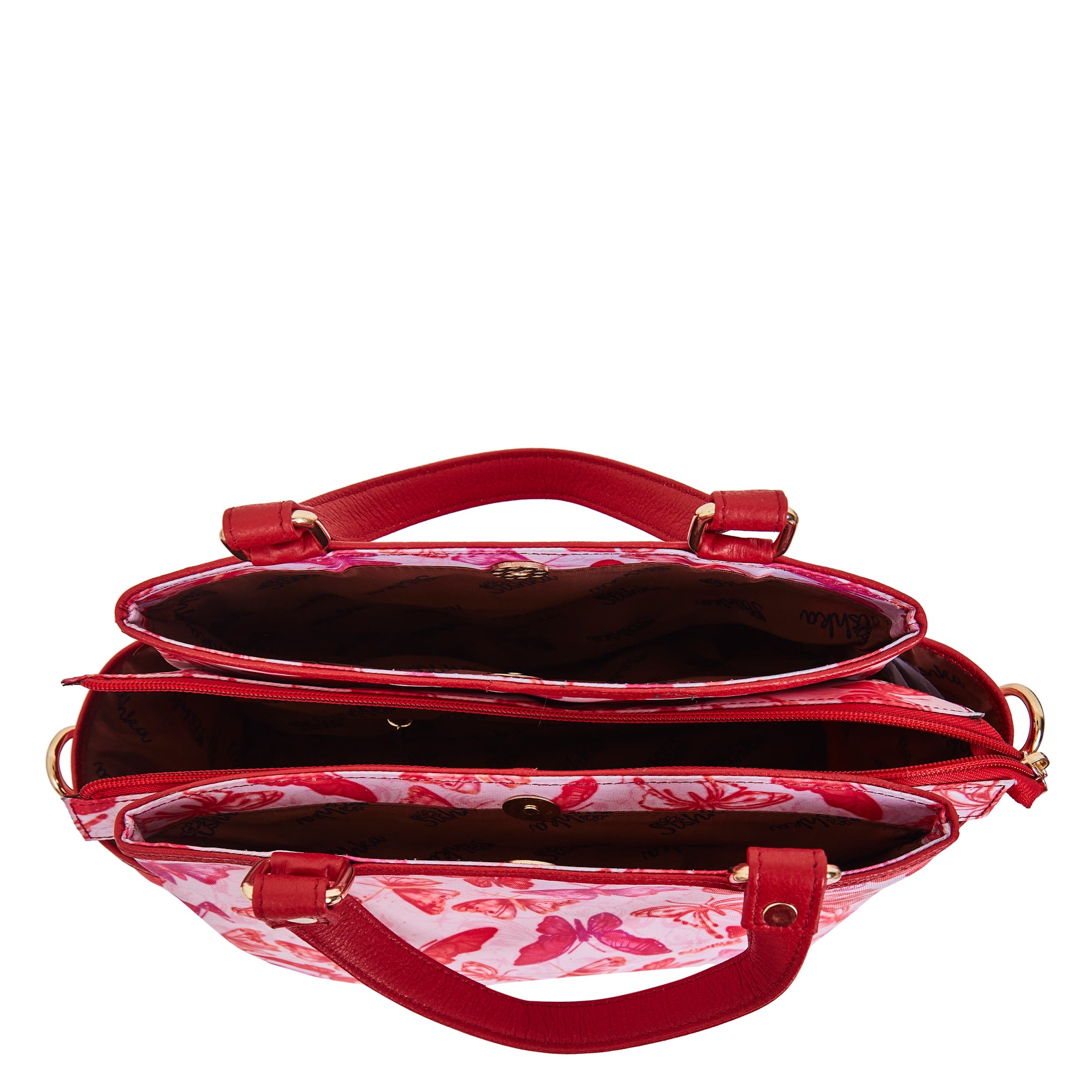 Women's Satchel Bag with Butterfly Wings Print and Geniune Leather Details