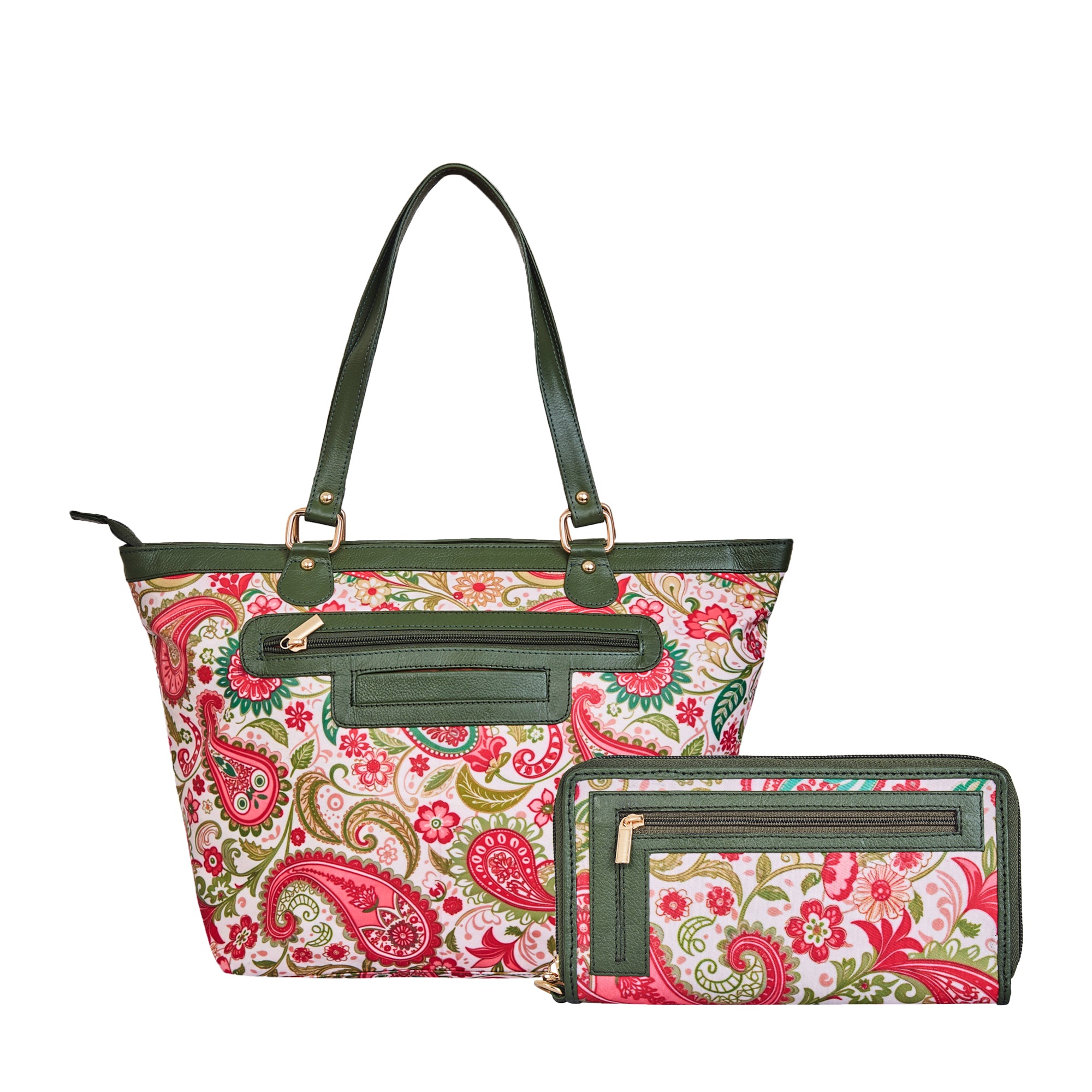 Tote Bag & Wristlet Wallet Combo for Women Paisley Print with Leather Trim