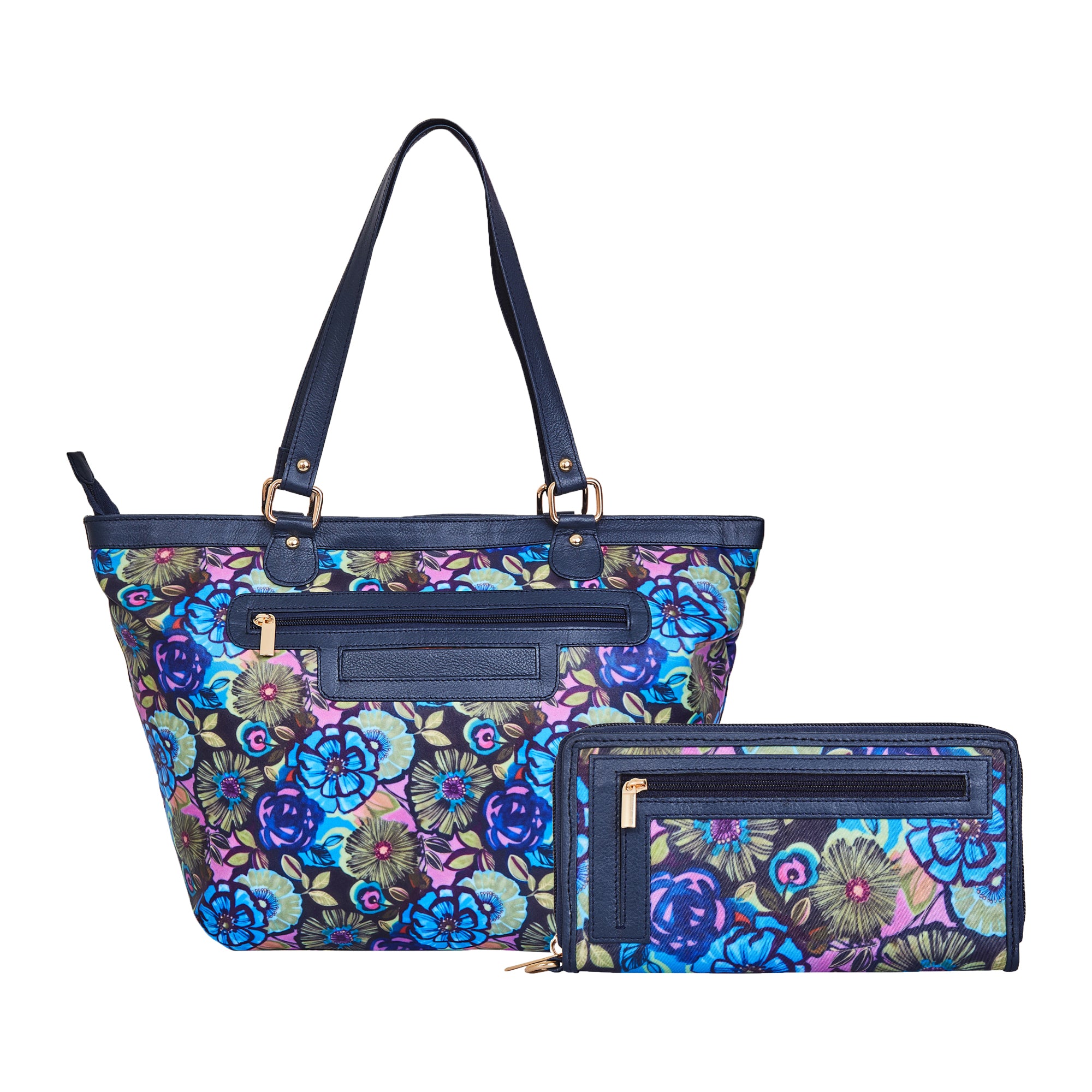 Botanical Print Leather Tote Bag & Wristlet Wallet Combo for Women