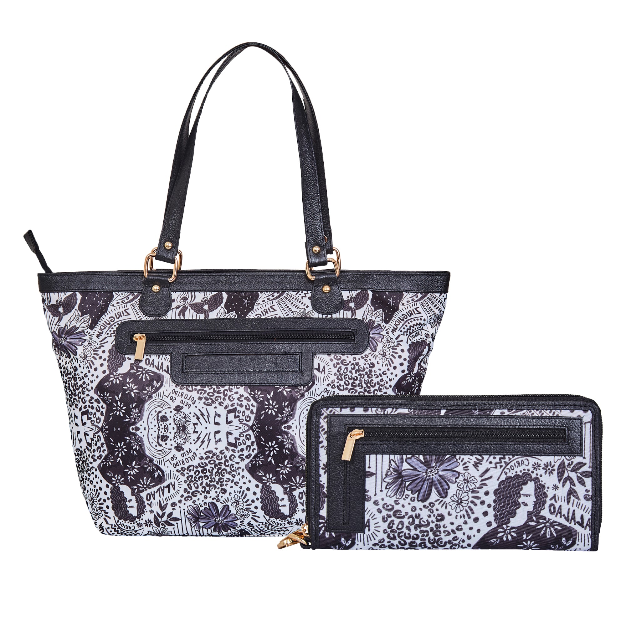 Elegant Monochrome Print Tote & Wristlet Set of 2 for women Stylish Leather Detailing