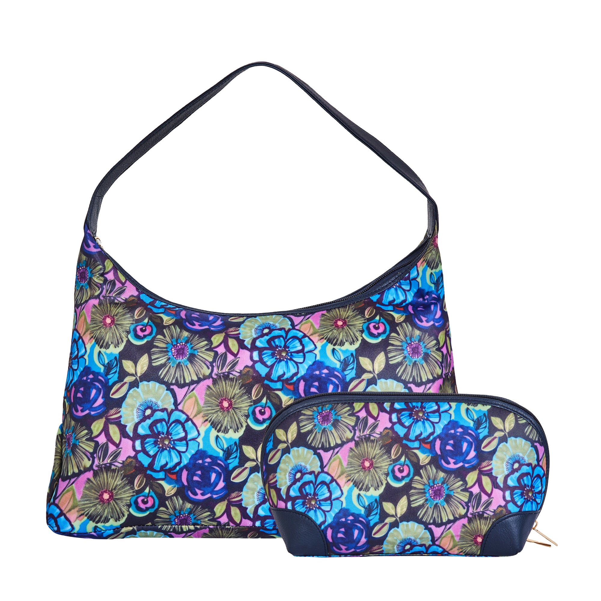 Botanical Print Sling Hobo & Cosmetic Bag Combo with Leather Trim