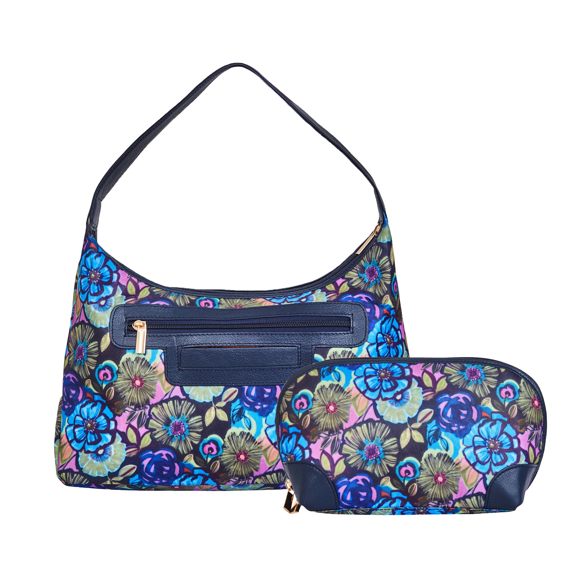 Botanical Print Sling Hobo & Cosmetic Bag Combo with Leather Trim