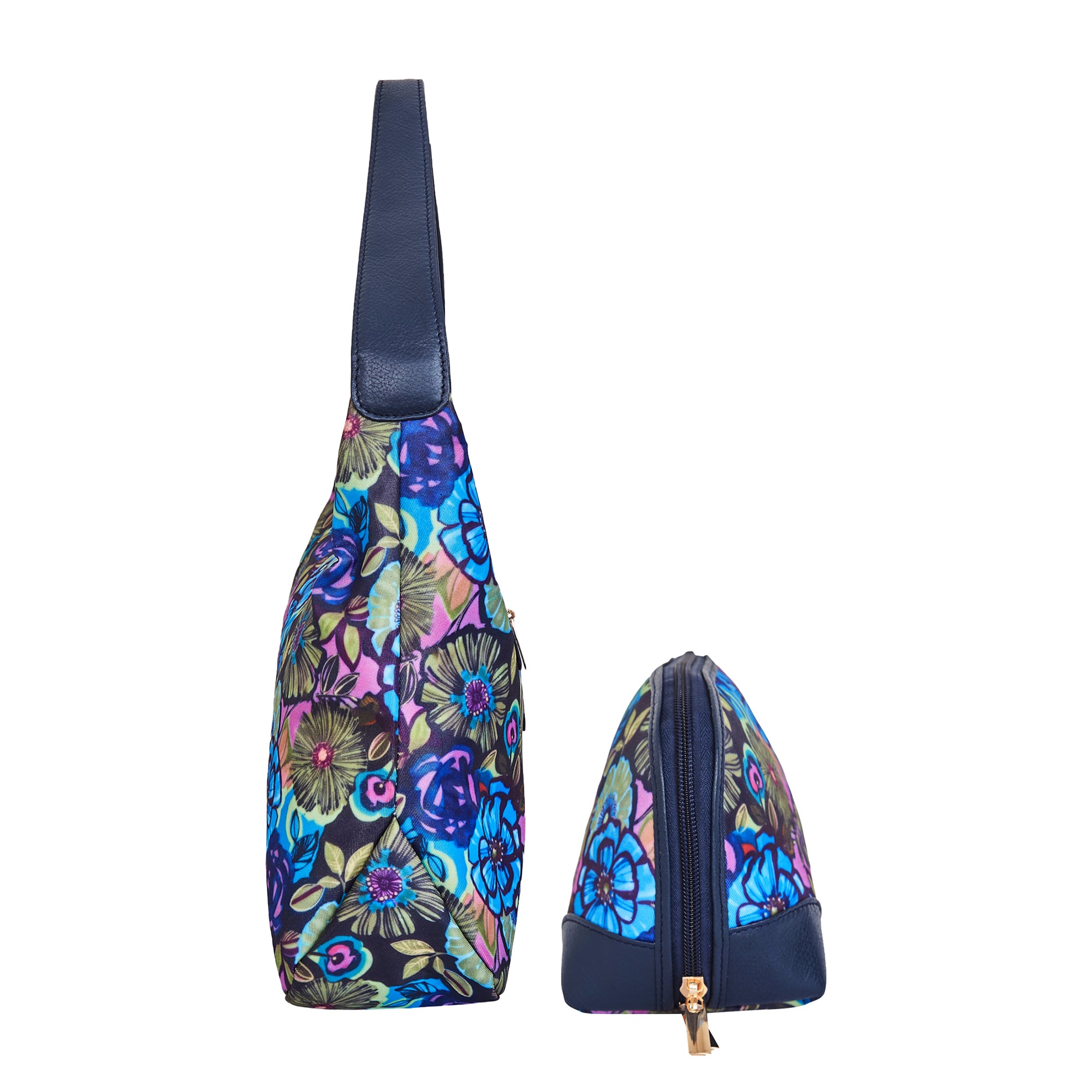 Botanical Print Sling Hobo & Cosmetic Bag Combo with Leather Trim