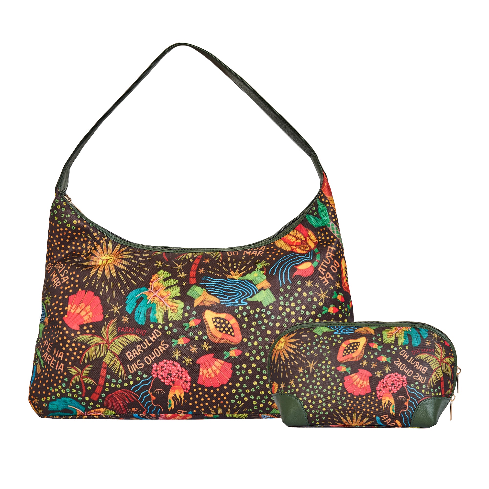 Leather Trim Sling Hobo Bag & Matching Cosmetic Bag Combo For Women