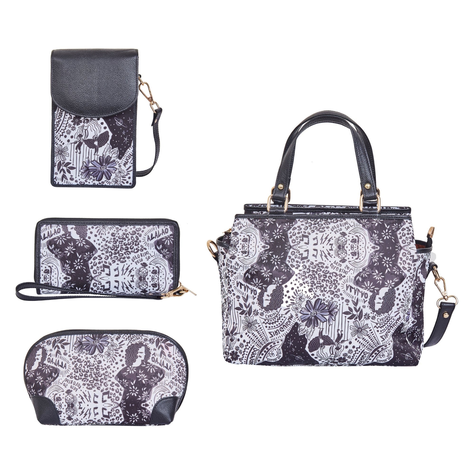 Fabric Bags Combo Gift Set – Satchel, Cell Phone Crossbody Wallet, Wristlet Wallet & Cosmetic Pouch for Daily Use