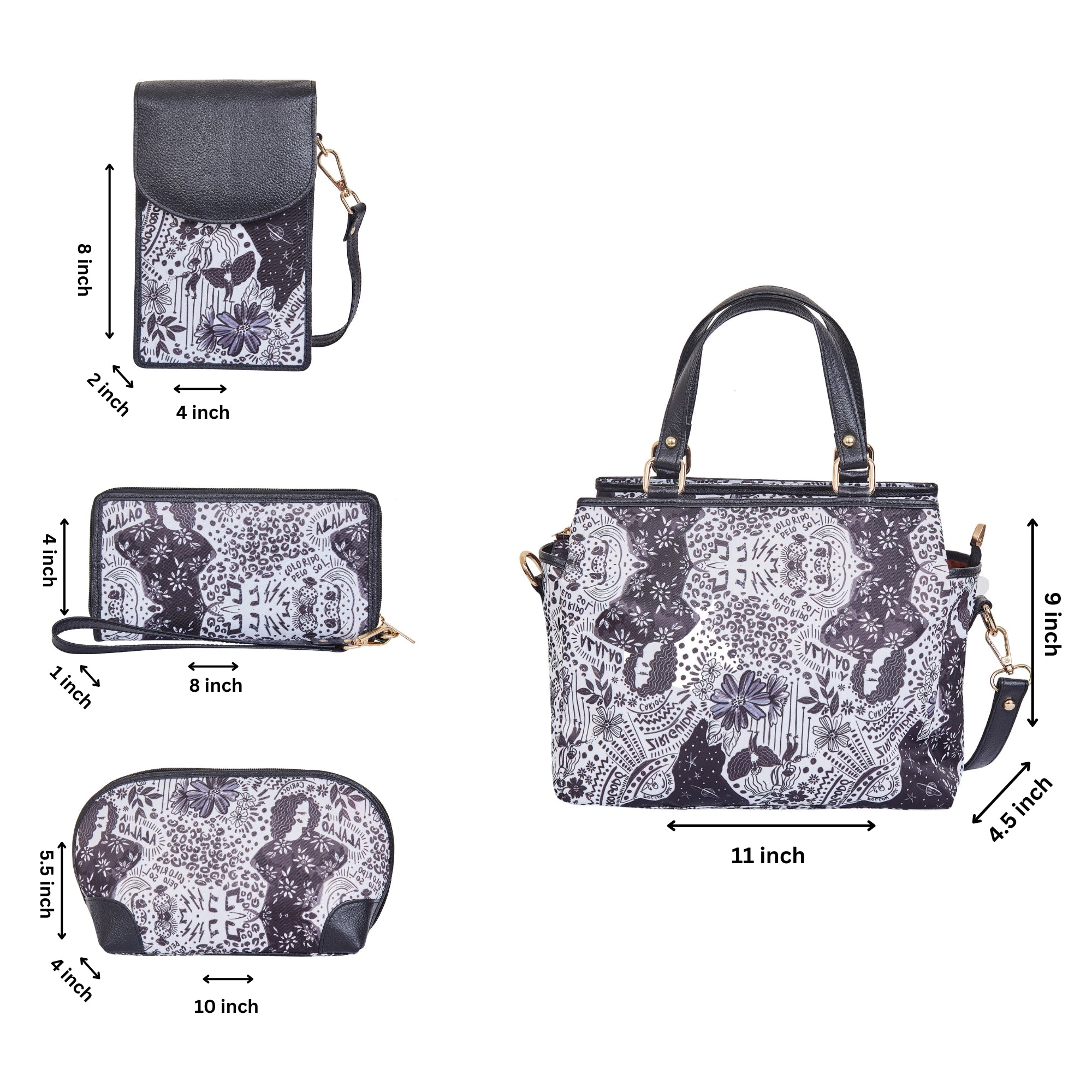 Fabric Bags Combo Gift Set – Satchel, Cell Phone Crossbody Wallet, Wristlet Wallet & Cosmetic Pouch for Daily Use