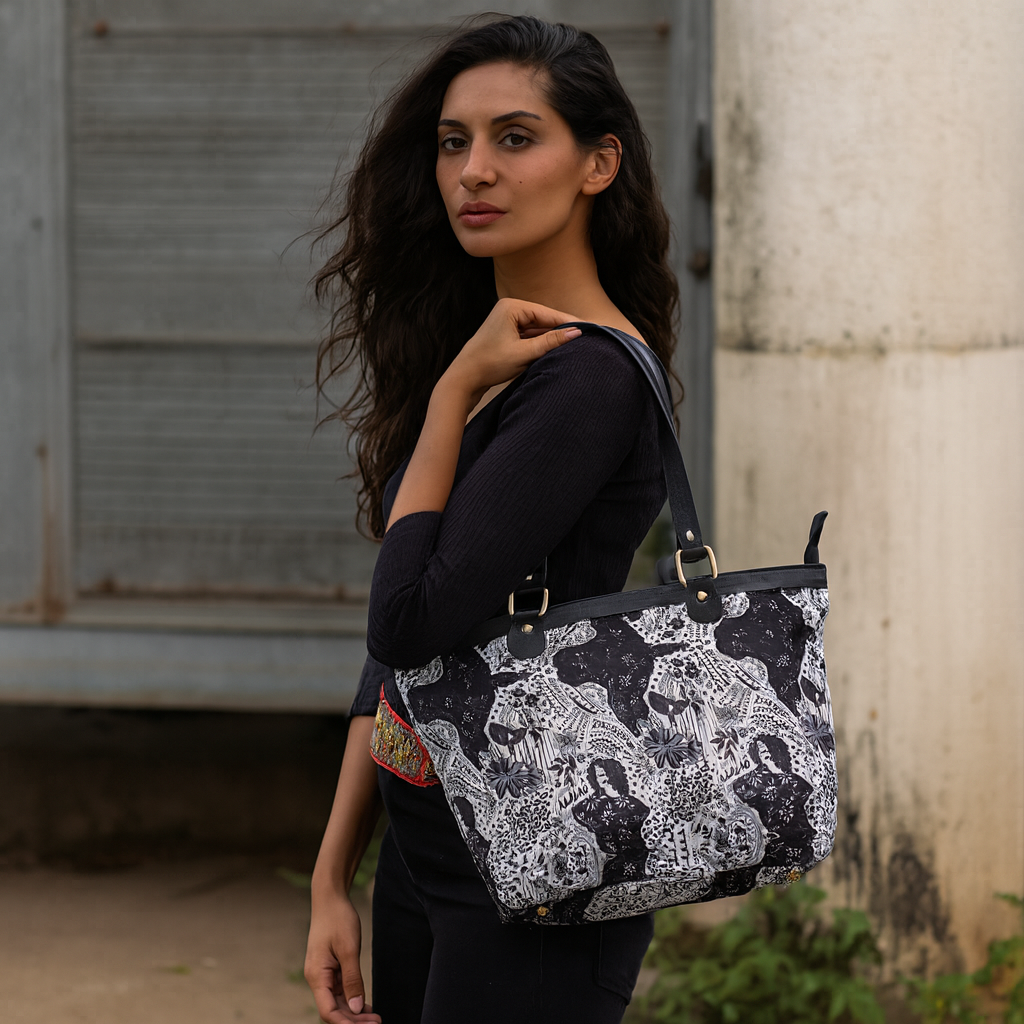 Printed Nylon Fabric Combo Set – Women’s Tote Bag, RFID Wallet, Crossbody Phone Wallet & Jewellery Case for Travel Use