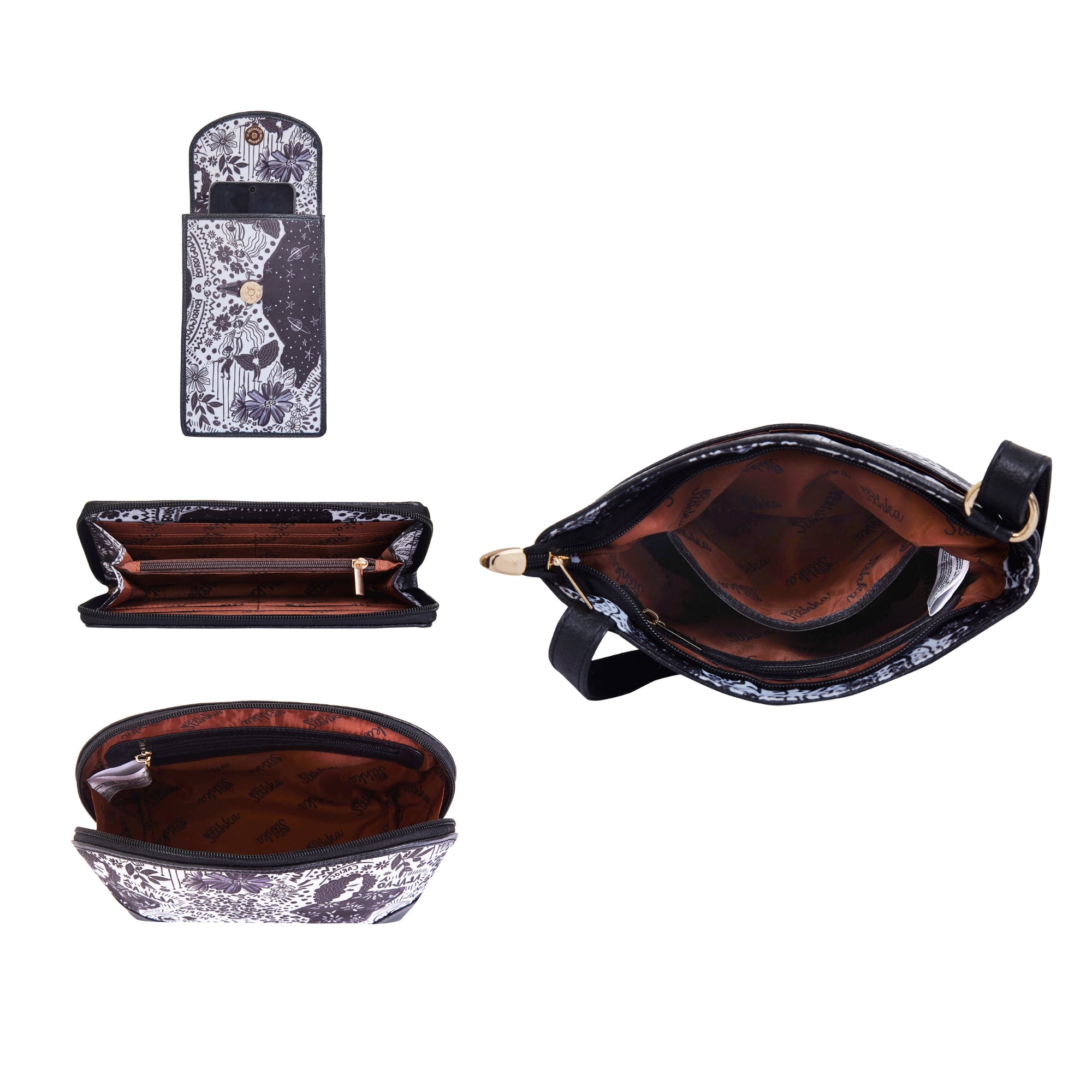 Women’s Printed Fabric Combo Set 4-Pcs – Crossbody Sling Bag, Phone Crossbody, RFID Wristlet & Cosmetic Bag for Daily Use