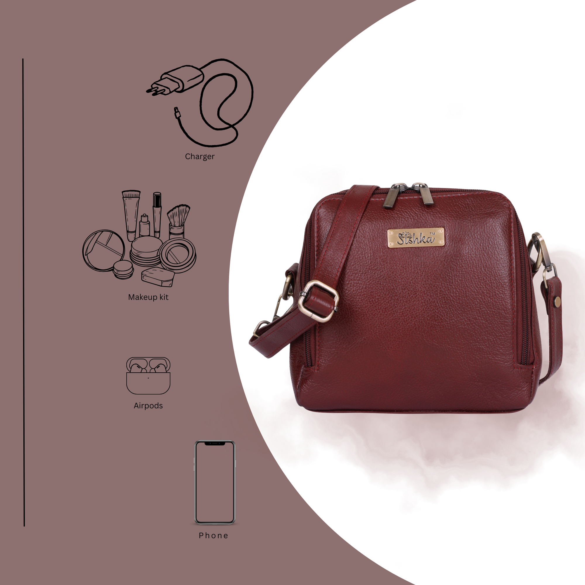Sishka Cherry Red Leather Crossbody Handbag – Zipper Closure, Premium Sling Bag, Lightweight Purse with Tassel, Genuine Leather Shoulder Bag for Women, Ideal for Travel, Shopping & Daily Use.