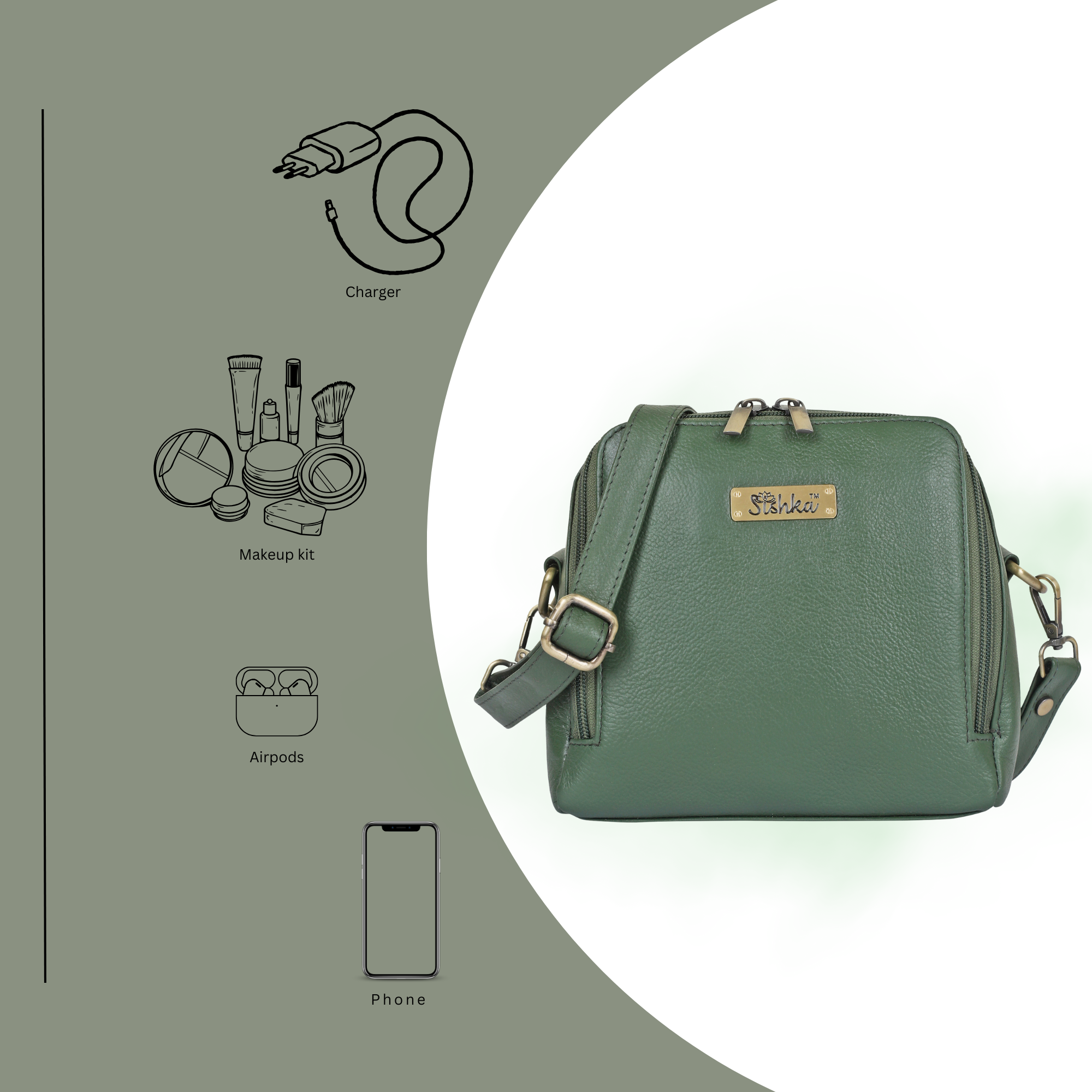 Women Olive Genuine Leather Crossbody Handbag – Premium Shoulder Bag