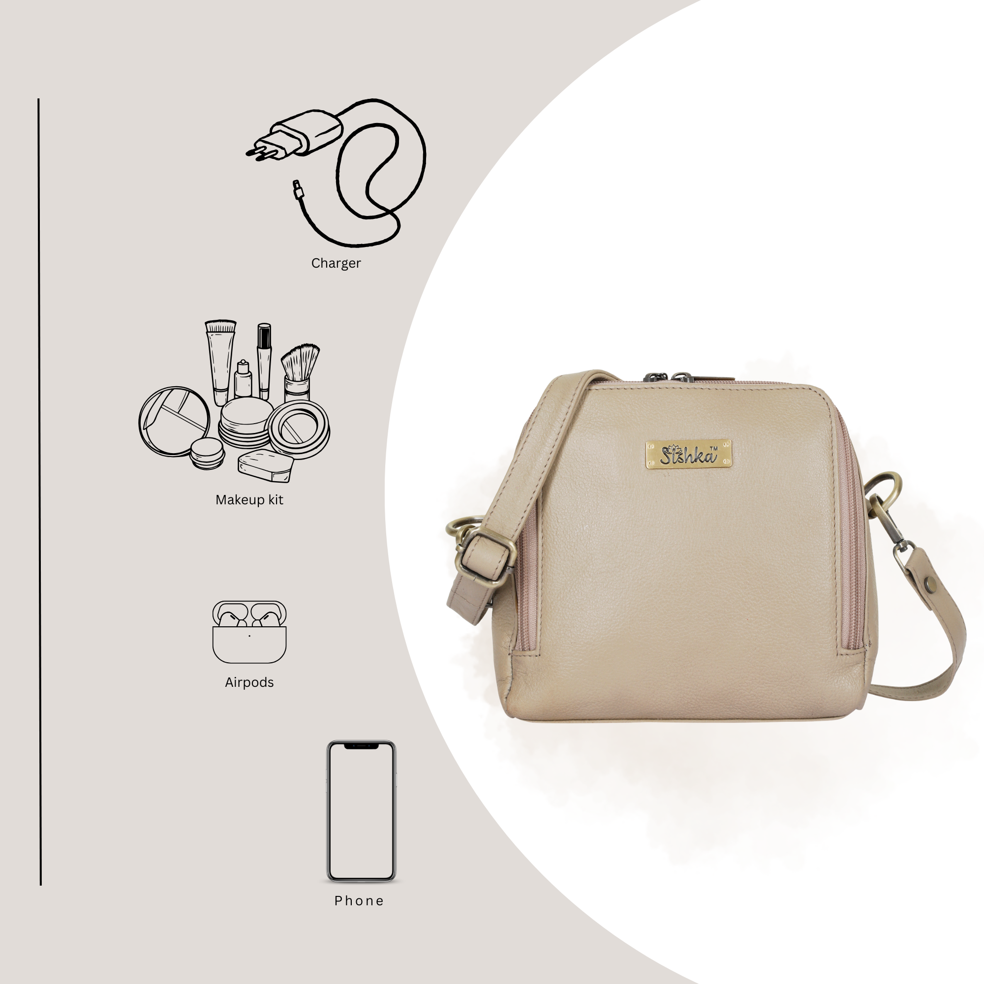 Taupe Genuine Leather Crossbody Sling Bag for Women