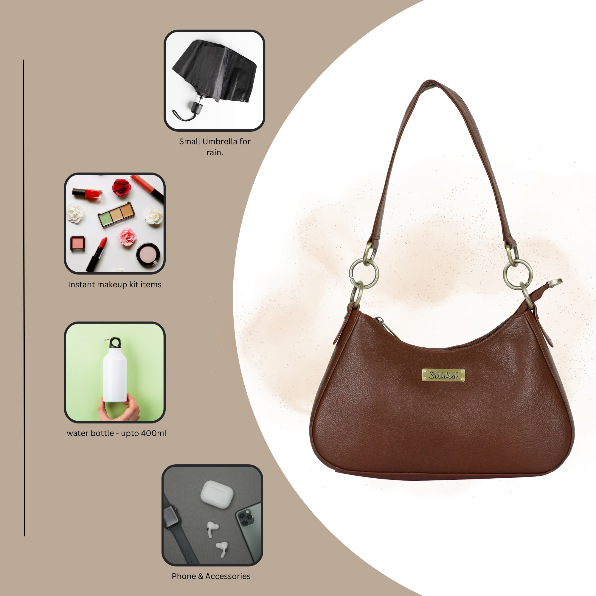 Brown Genuine Leather Half-Moon Shoulder Bag – Women’s Tote Purse