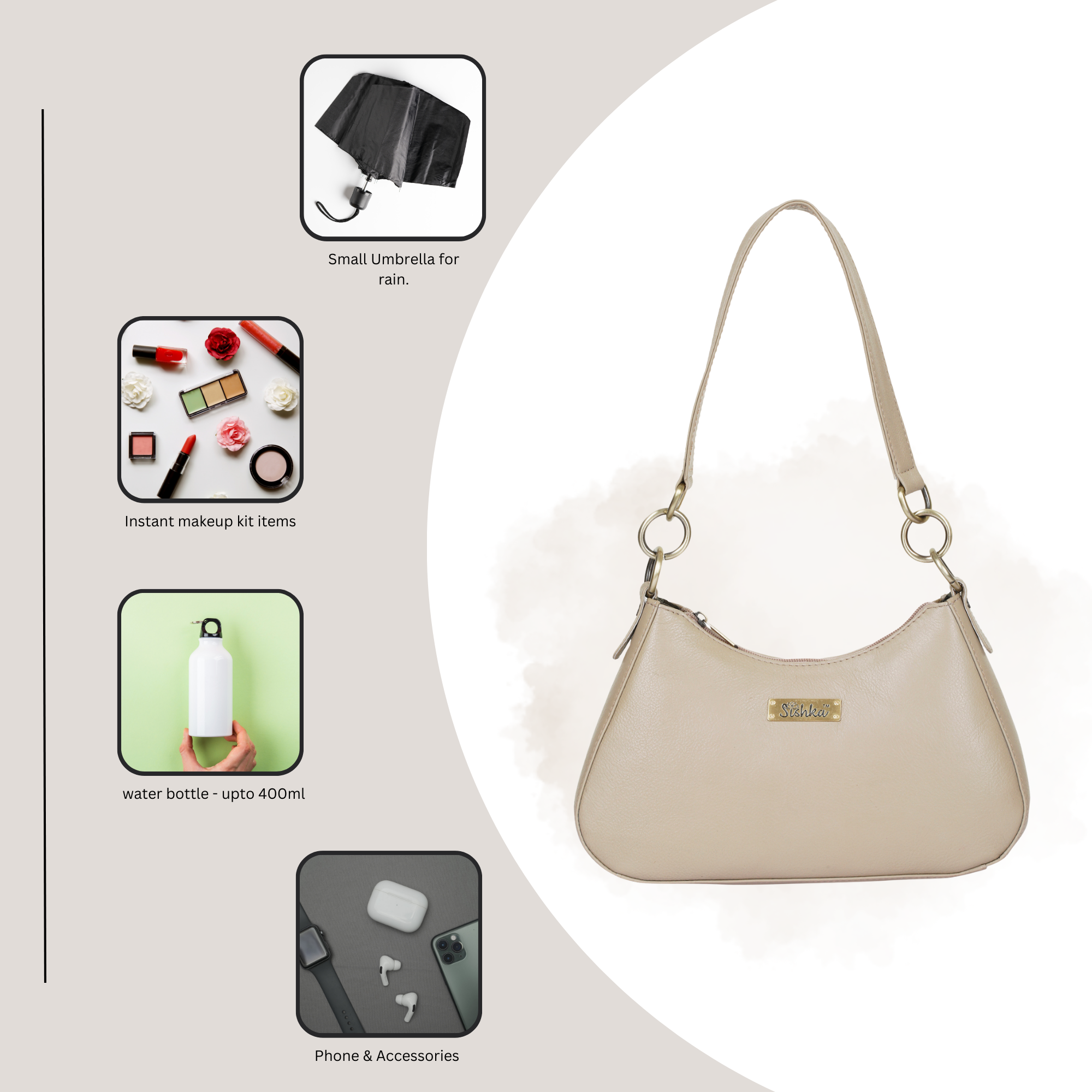 Sishka Shoulder Bag in Taupe – Stylish Hobo Purse for Women, Soft Genuine Leather Half Moon Tote with Top Zipper Closure, Perfect for Daily Use, Travel & Casual Outings.