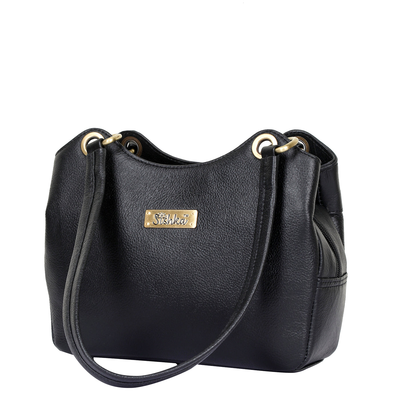 Sishka Black Genuine Leather Satchel Handbag, Tote Shoulder Bag for Women, Designer Top Handle Purse,Ladies Leather Bag – H 7.75" x W 9" x D 2.75"