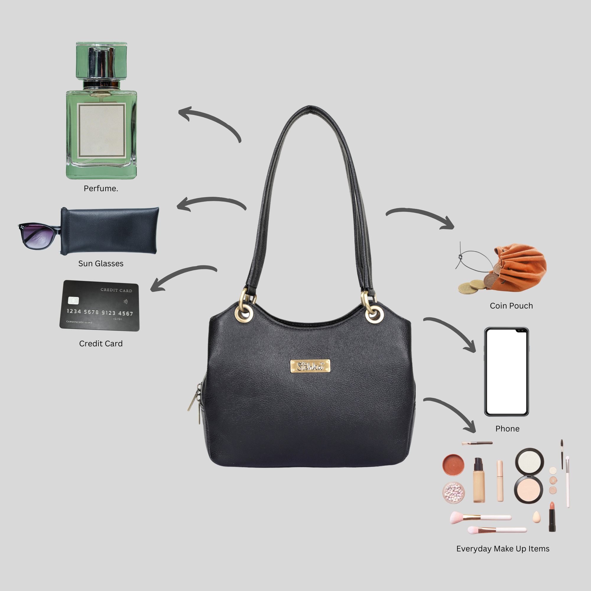 Sishka Black Genuine Leather Satchel Handbag, Tote Shoulder Bag for Women, Designer Top Handle Purse,Ladies Leather Bag – H 7.75" x W 9" x D 2.75"