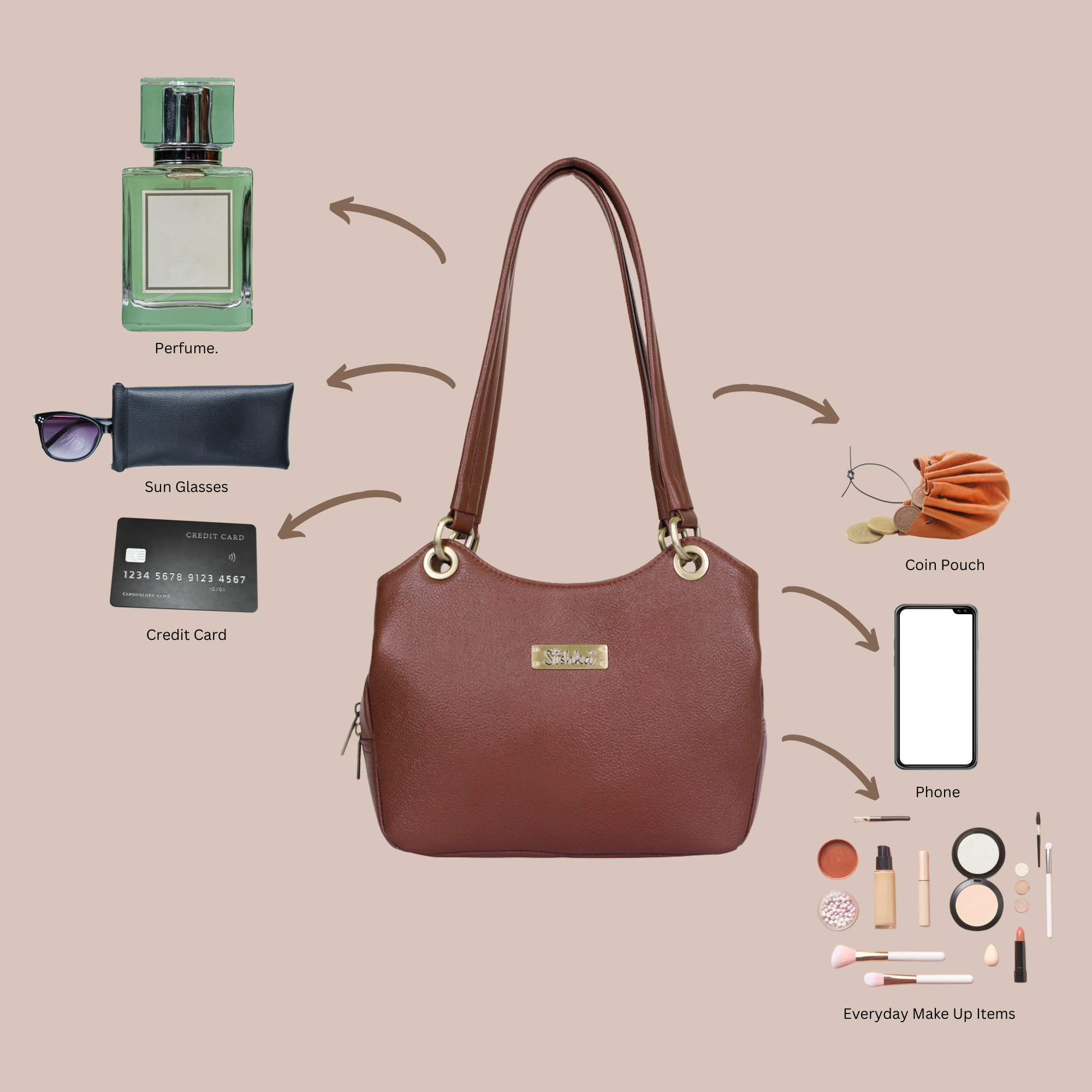 Brown Women's Genuine Leather Satchel Bag, Tote Purses and Handbags Trendy Ladies Shoulder Tote Bag for Work, Office Party by Sishka (H 7.75" x W 9" x D 2.75")