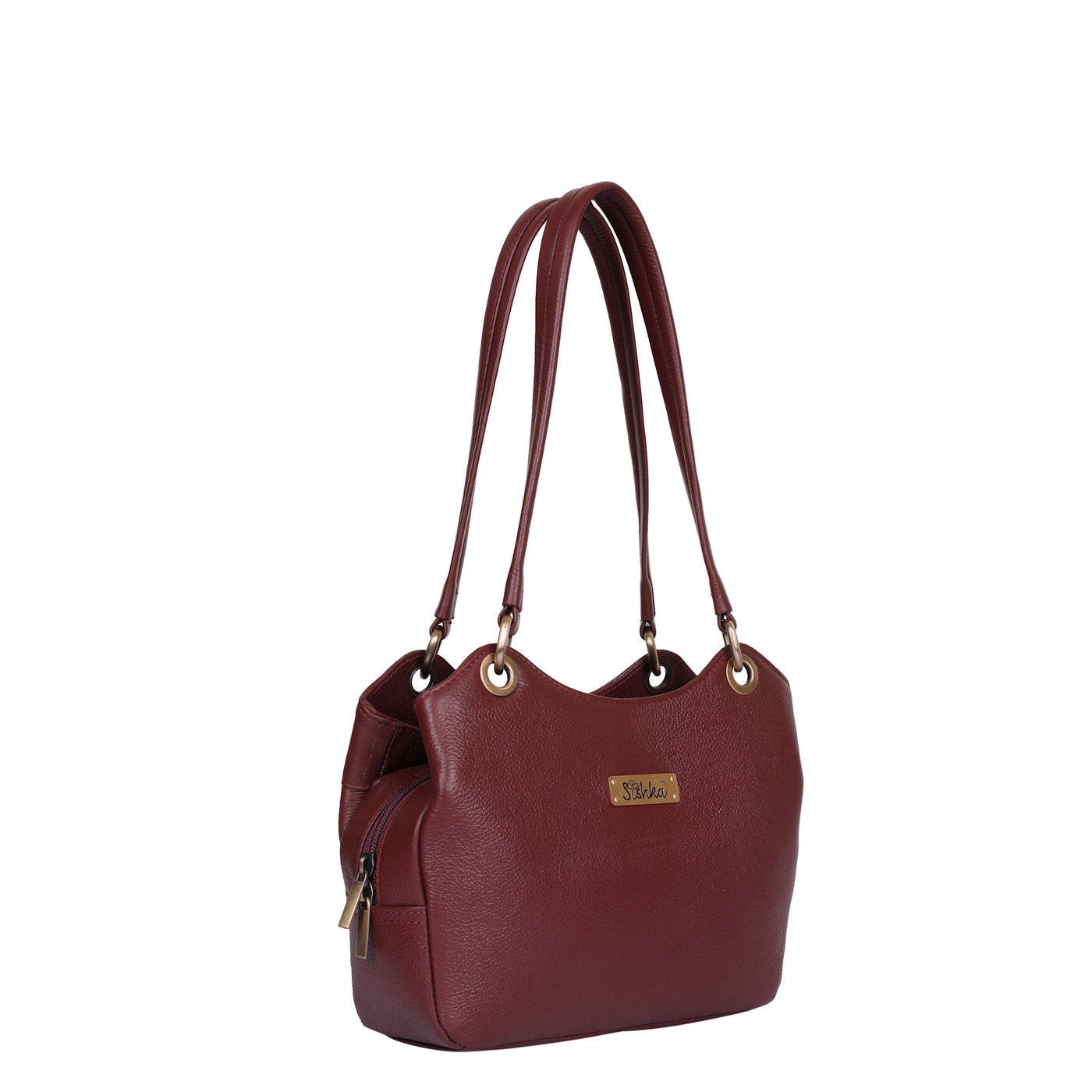 Sishka Cherry Red Women's Genuine Leather Satchel Bag, Round Handle Tote Purse, Designer Shoulder Handbag, Ladies Leather Bag, Stylish Top Handle Bag, Elegant Leather Purse for Ladies.