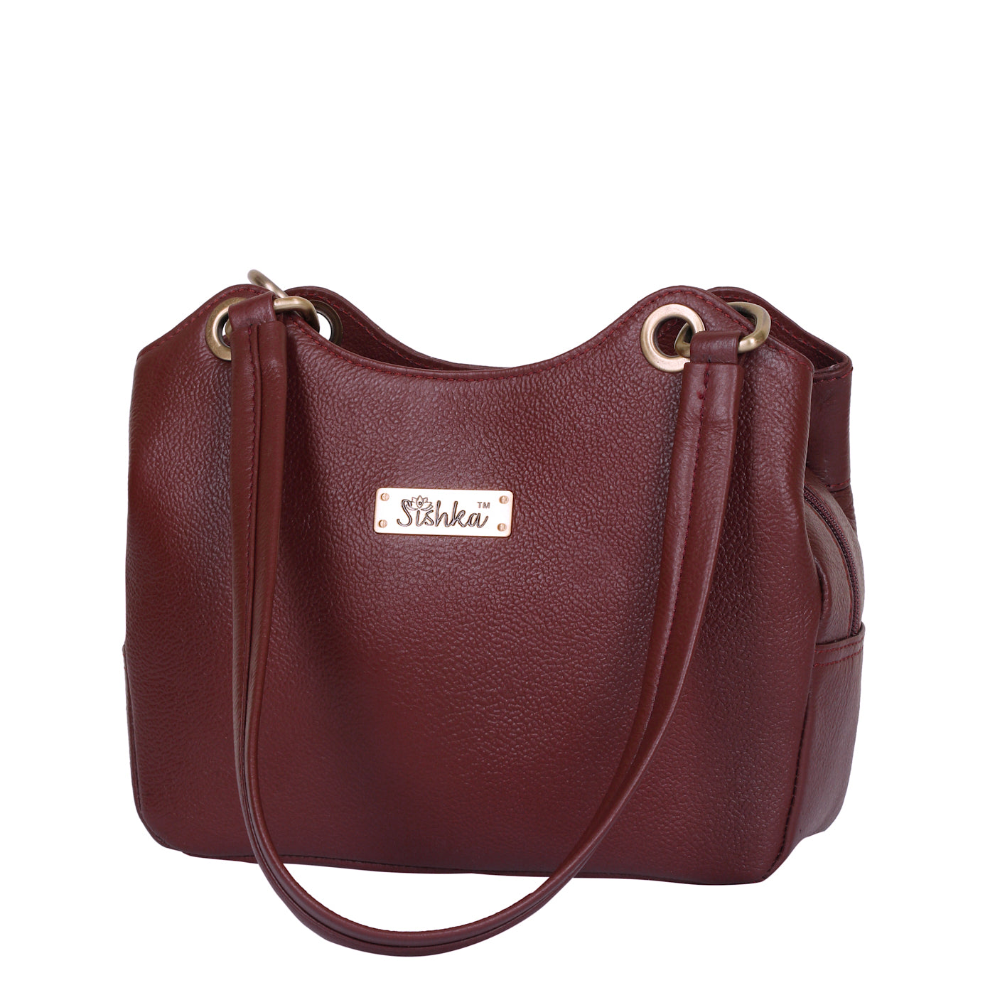 Sishka Cherry Red Women's Genuine Leather Satchel Bag, Round Handle Tote Purse, Designer Shoulder Handbag, Ladies Leather Bag, Stylish Top Handle Bag, Elegant Leather Purse for Ladies.