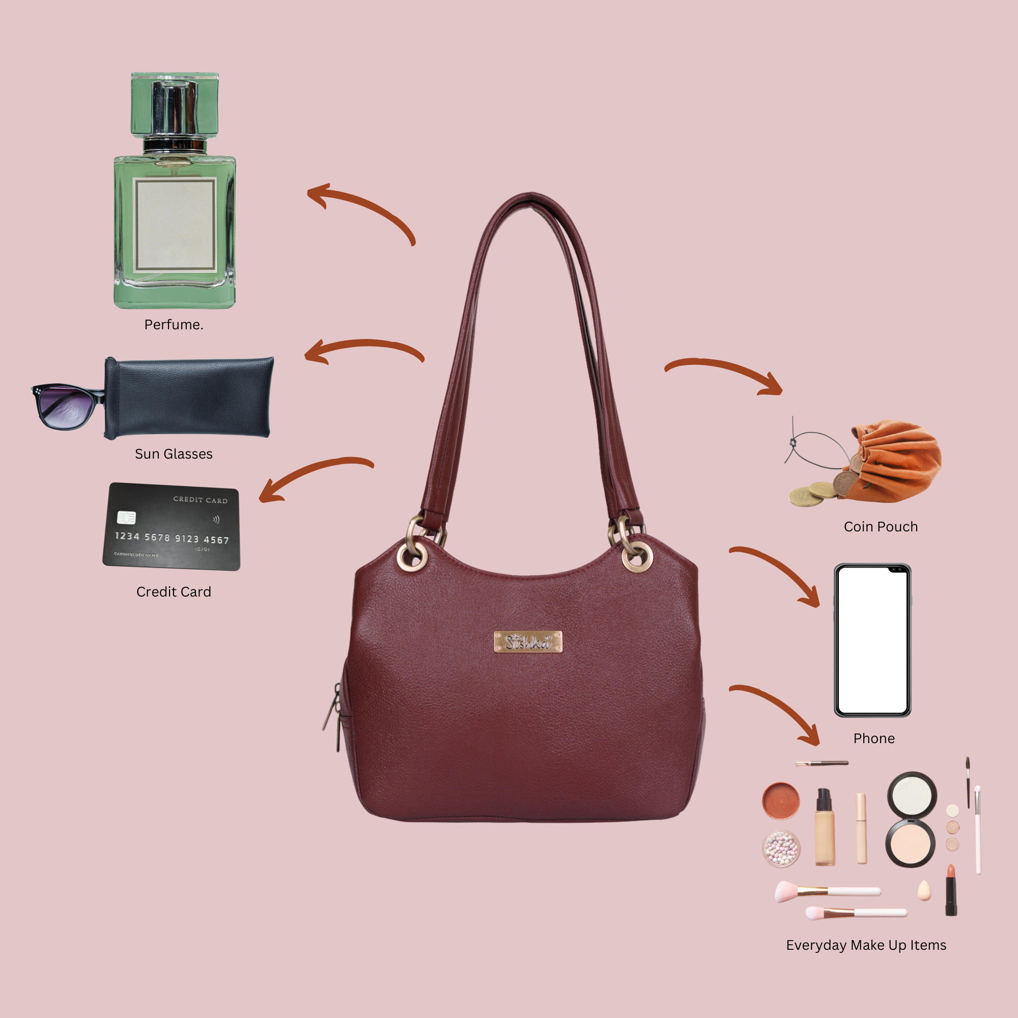 Sishka Cherry Red Women's Genuine Leather Satchel Bag, Round Handle Tote Purse, Designer Shoulder Handbag, Ladies Leather Bag, Stylish Top Handle Bag, Elegant Leather Purse for Ladies.