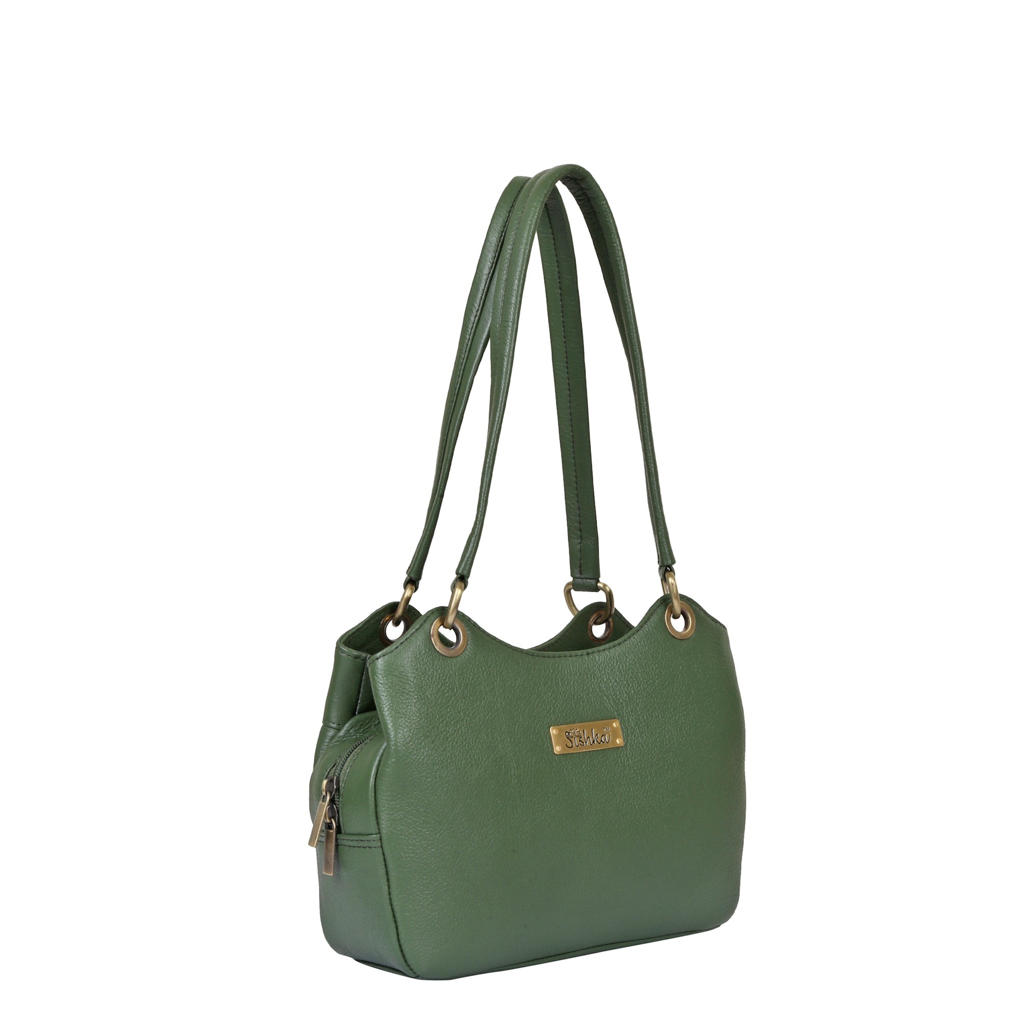 Sishka Olive Women's Genuine Leather Satchel Bag, Round Handle Tote Purse, Designer Shoulder Handbag, Stylish Leather Top Handle Bag, Elegant Ladies Leather Purse for Everyday Use.