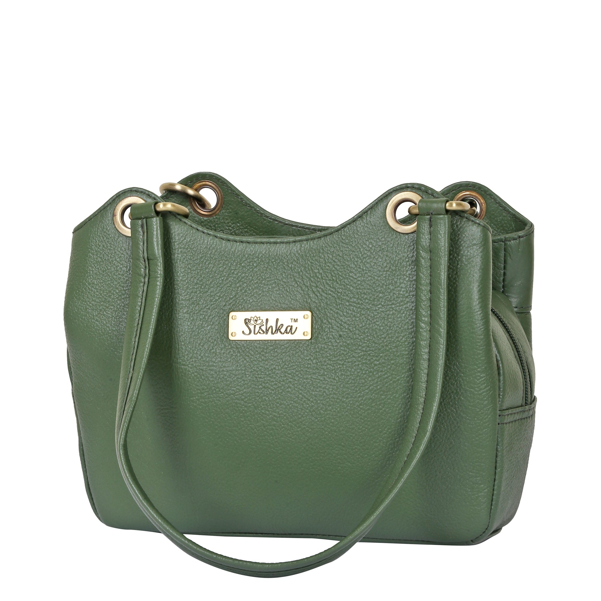 Sishka Olive Women's Genuine Leather Satchel Bag, Round Handle Tote Purse, Designer Shoulder Handbag, Stylish Leather Top Handle Bag, Elegant Ladies Leather Purse for Everyday Use.