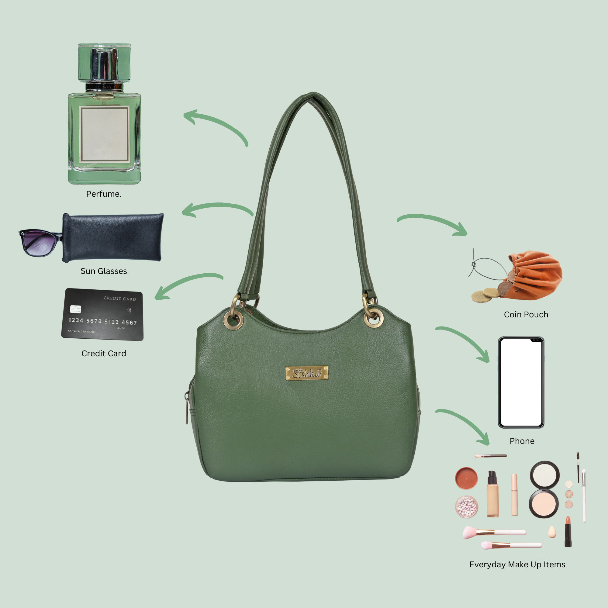 Sishka Olive Women's Genuine Leather Satchel Bag, Round Handle Tote Purse, Designer Shoulder Handbag, Stylish Leather Top Handle Bag, Elegant Ladies Leather Purse for Everyday Use.