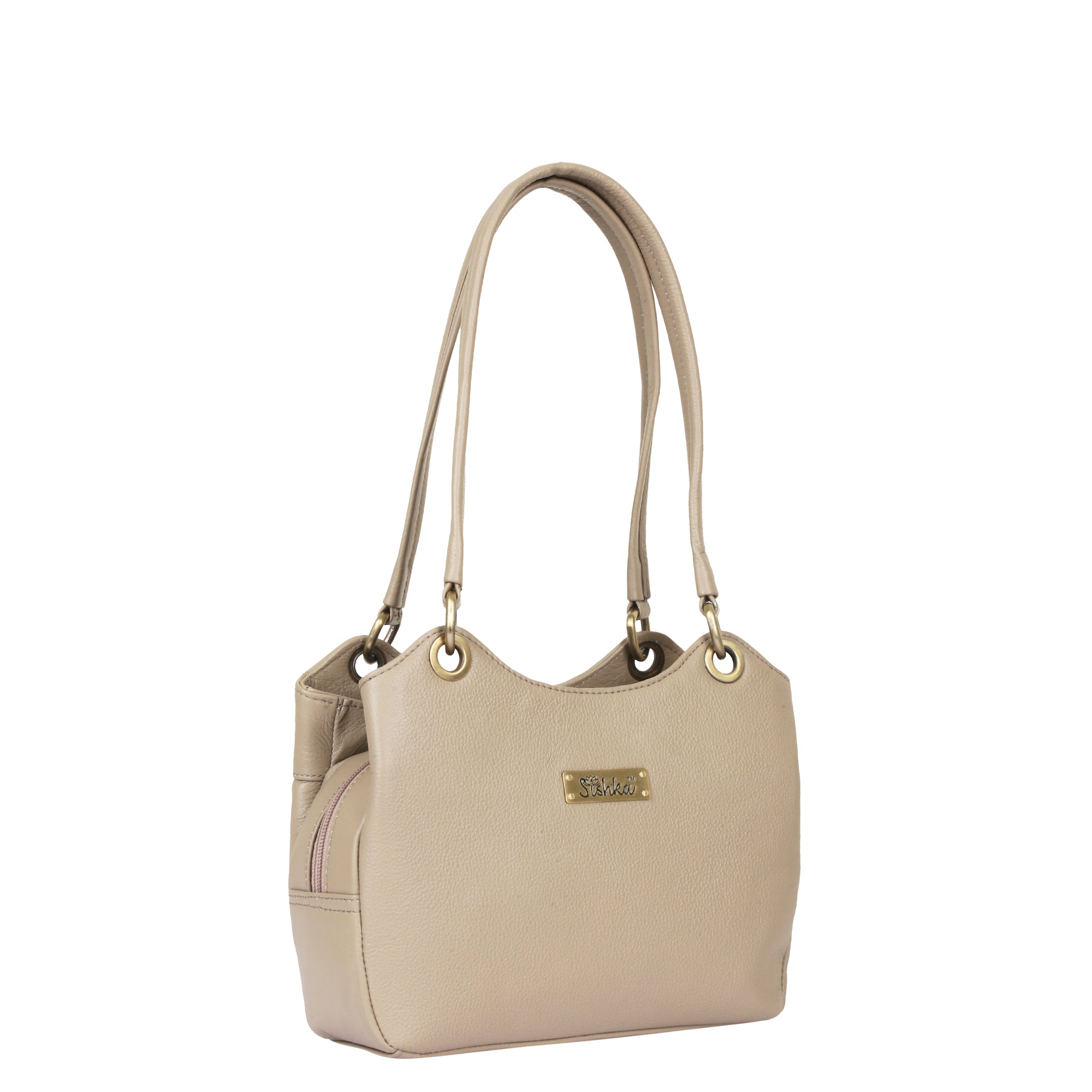 Sishka Taupe Women's Genuine Leather Satchel Bag, Trendy Crossbody Tote, Fashionable Shoulder Handbag, Stylish Top Handle Purse, Elegant Everyday Leather Bag – H 7.75" x W 9" x D 2.75".