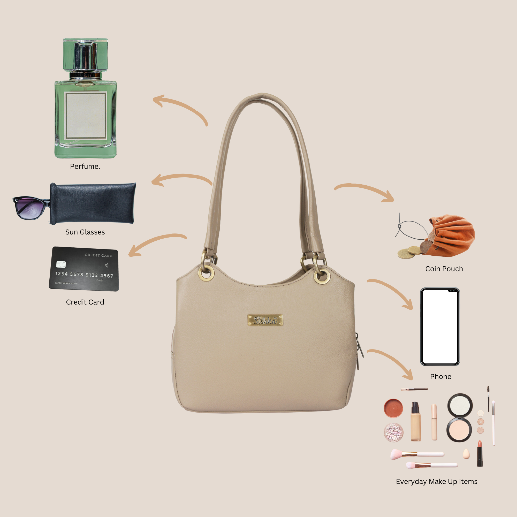 Sishka Taupe Women's Genuine Leather Satchel Bag, Trendy Crossbody Tote, Fashionable Shoulder Handbag, Stylish Top Handle Purse, Elegant Everyday Leather Bag – H 7.75" x W 9" x D 2.75".
