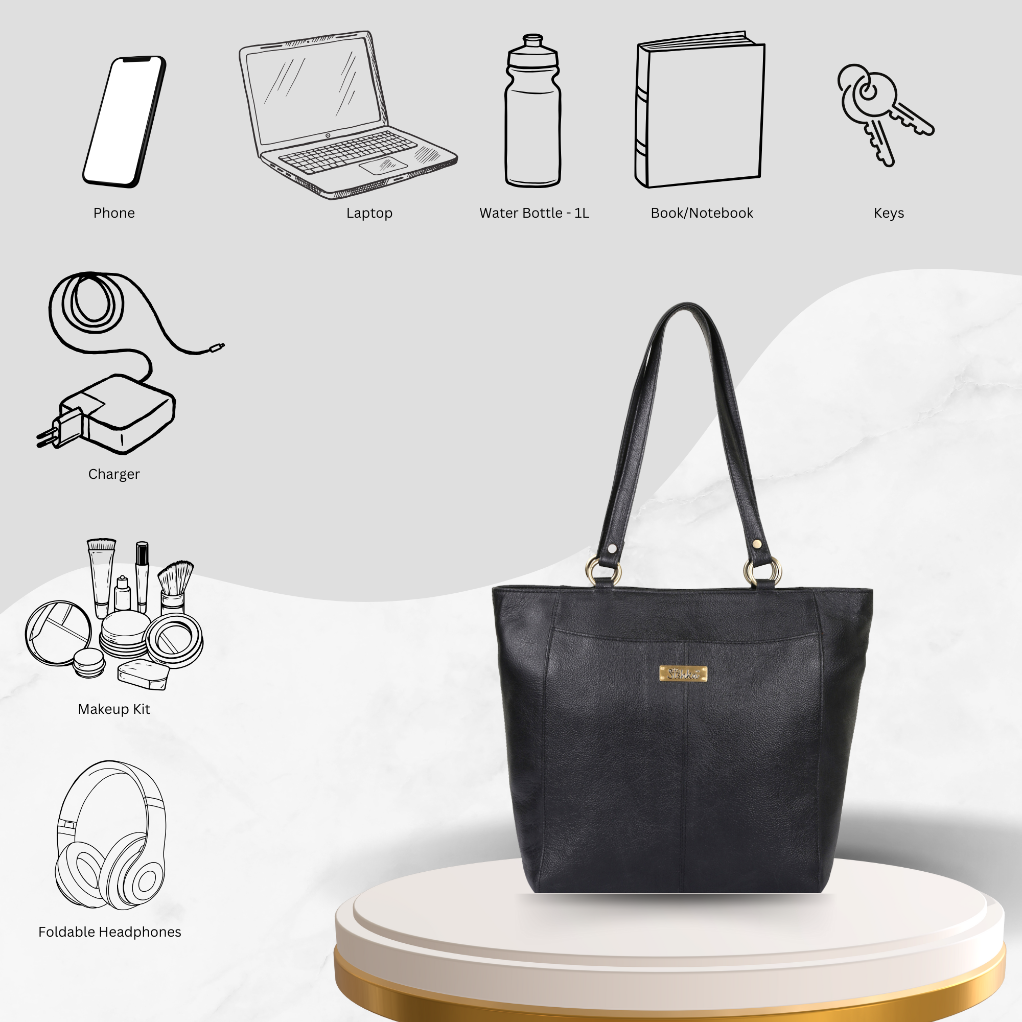 Sishka Black Tote Bag for Women – Elegant Genuine Leather Shoulder Handbag, Spacious Top Handle Satchel, Classic Ladies Purse for Office, Travel, Parties & Everyday Use (H 12" x W 15.25" x D 4.75").