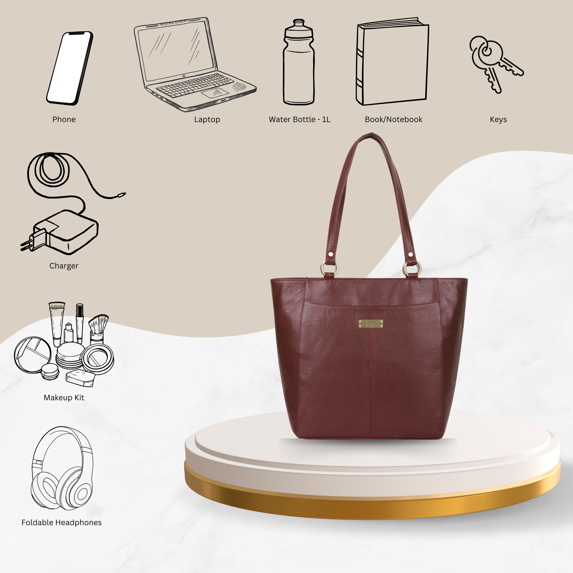 Sishka Brown Tote Bag for Women – Classic Genuine Leather Shoulder Handbag, Spacious Top Handle Satchel, Elegant Ladies Purse for Office, Travel, Parties & Everyday Use (H 12" x W 15.25" x D 4.75").
