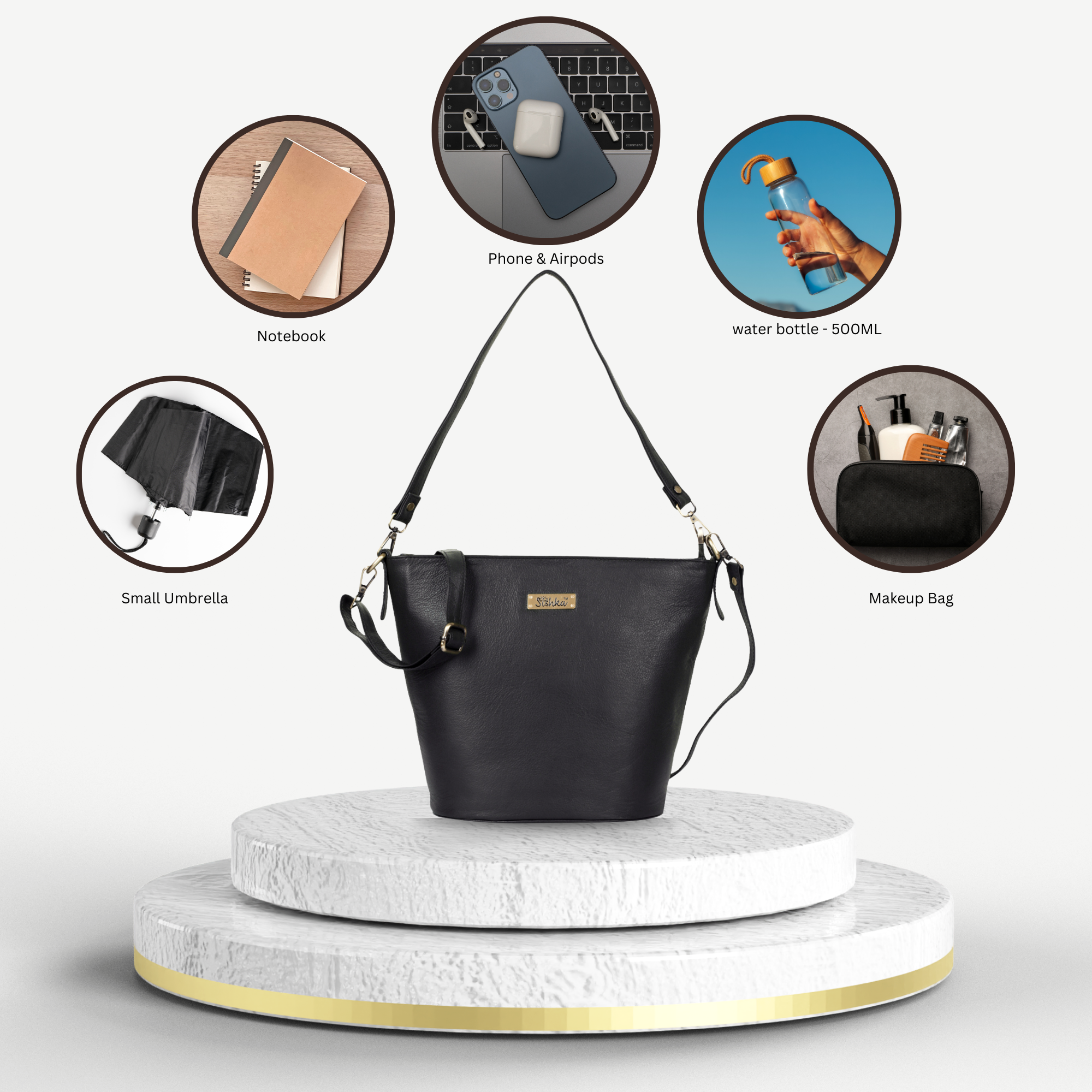 Sishka Black Genuine Leather Bucket Hobo Bag for Women – Stylish Tote Shoulder Handbag, Spacious Satchel Purse, Perfect for Office, Events, Casual Outings & Travel (H 9.87" x W 13" x D 5.25").