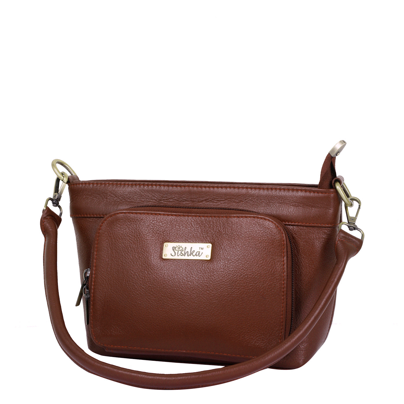 Brown Genuine Leather Shoulder Handbag – Women’s Tote with Front Pocket