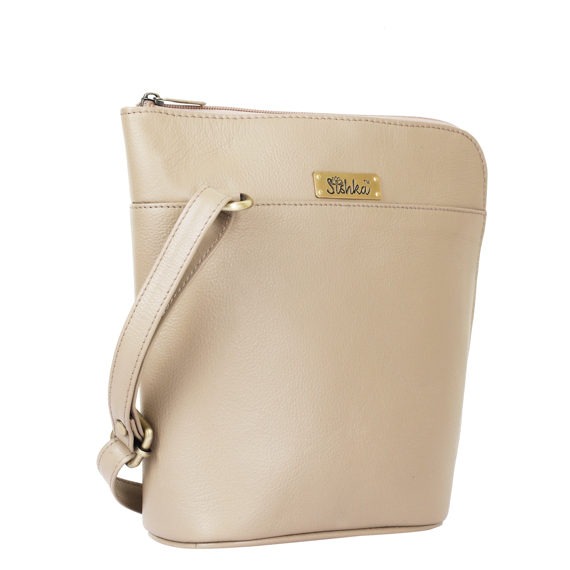 Sishka Taupe Genuine Leather Crossover Bag for Women – Modern Shoulder Handbag with an Elegant Organizer Design, Ideal for Everyday Carry (H 9.25" x W 9.5" x D 3.5").