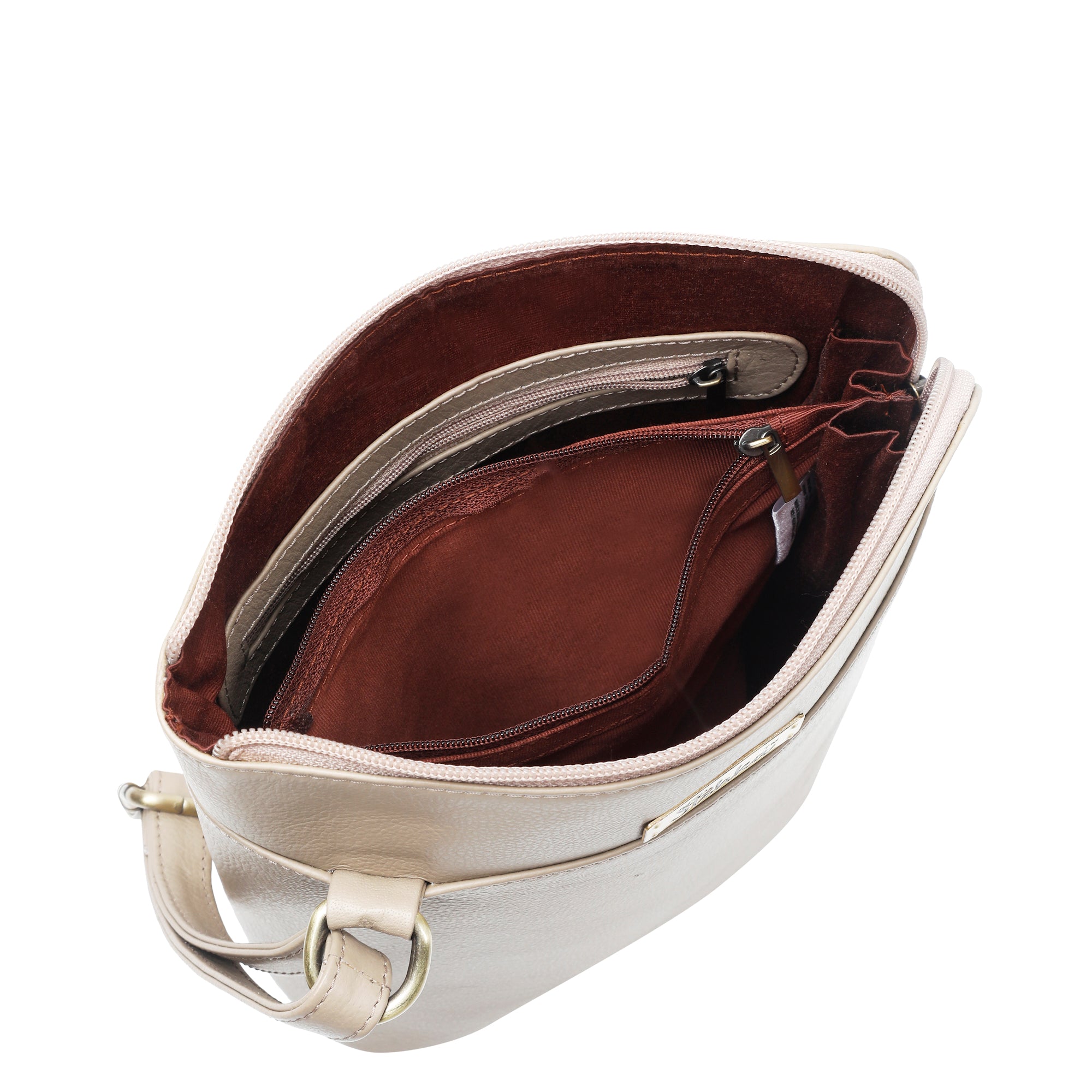 Sishka Taupe Genuine Leather Crossover Bag for Women – Modern Shoulder Handbag with an Elegant Organizer Design, Ideal for Everyday Carry (H 9.25" x W 9.5" x D 3.5").
