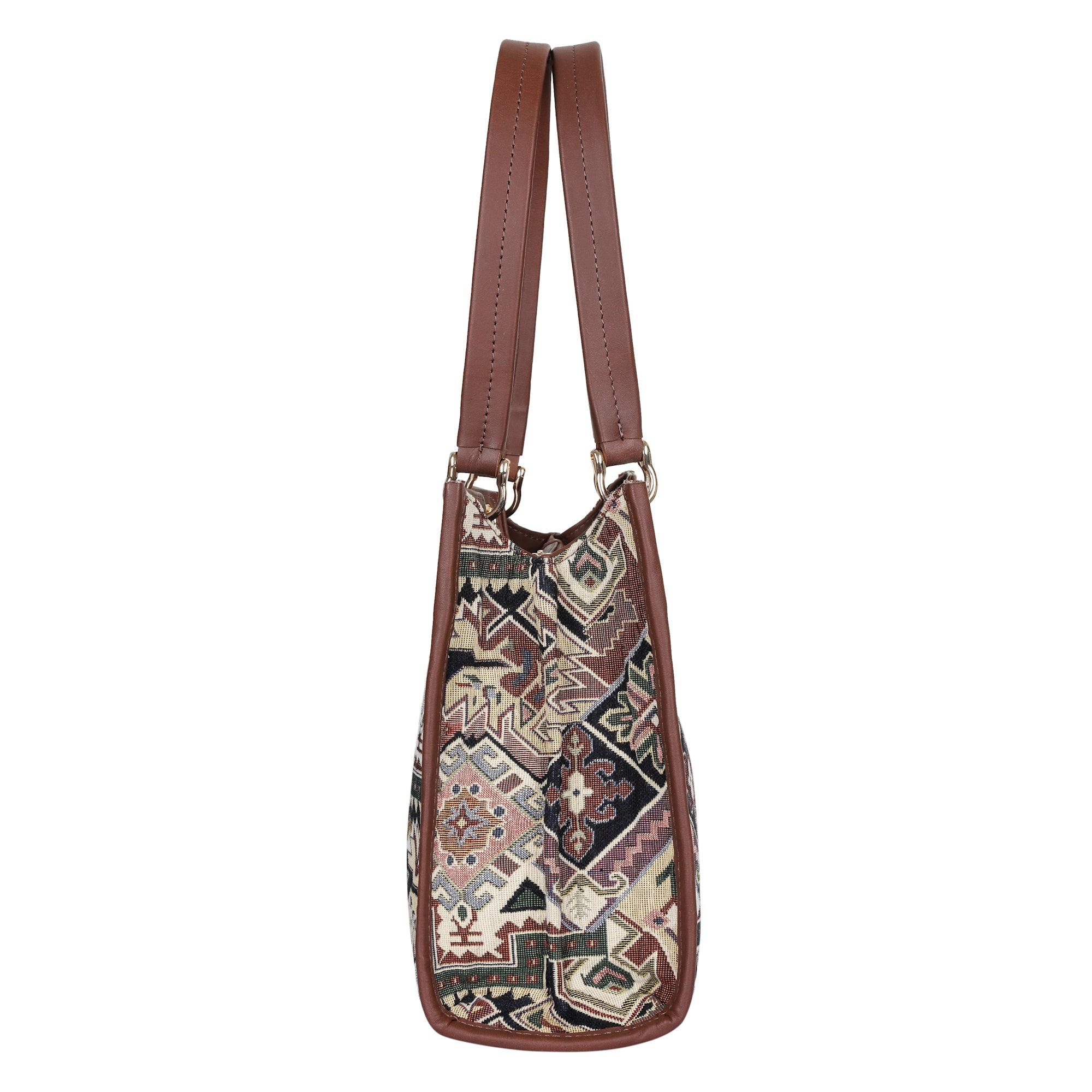 Women’s Geometric Tapestry Satchel & Crossbody Bag – Leather-Trimmed Hand & Shoulder Purse