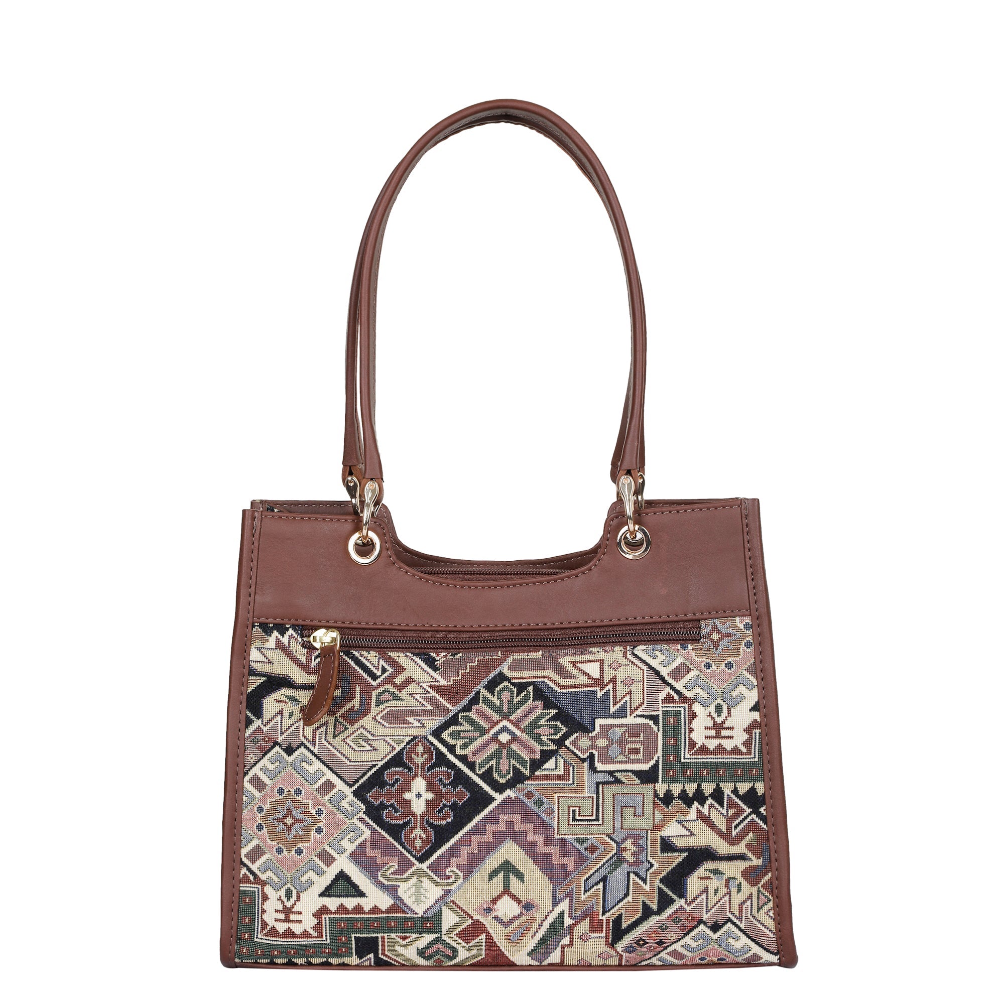 Women’s Geometric Tapestry Satchel & Crossbody Bag – Leather-Trimmed Hand & Shoulder Purse
