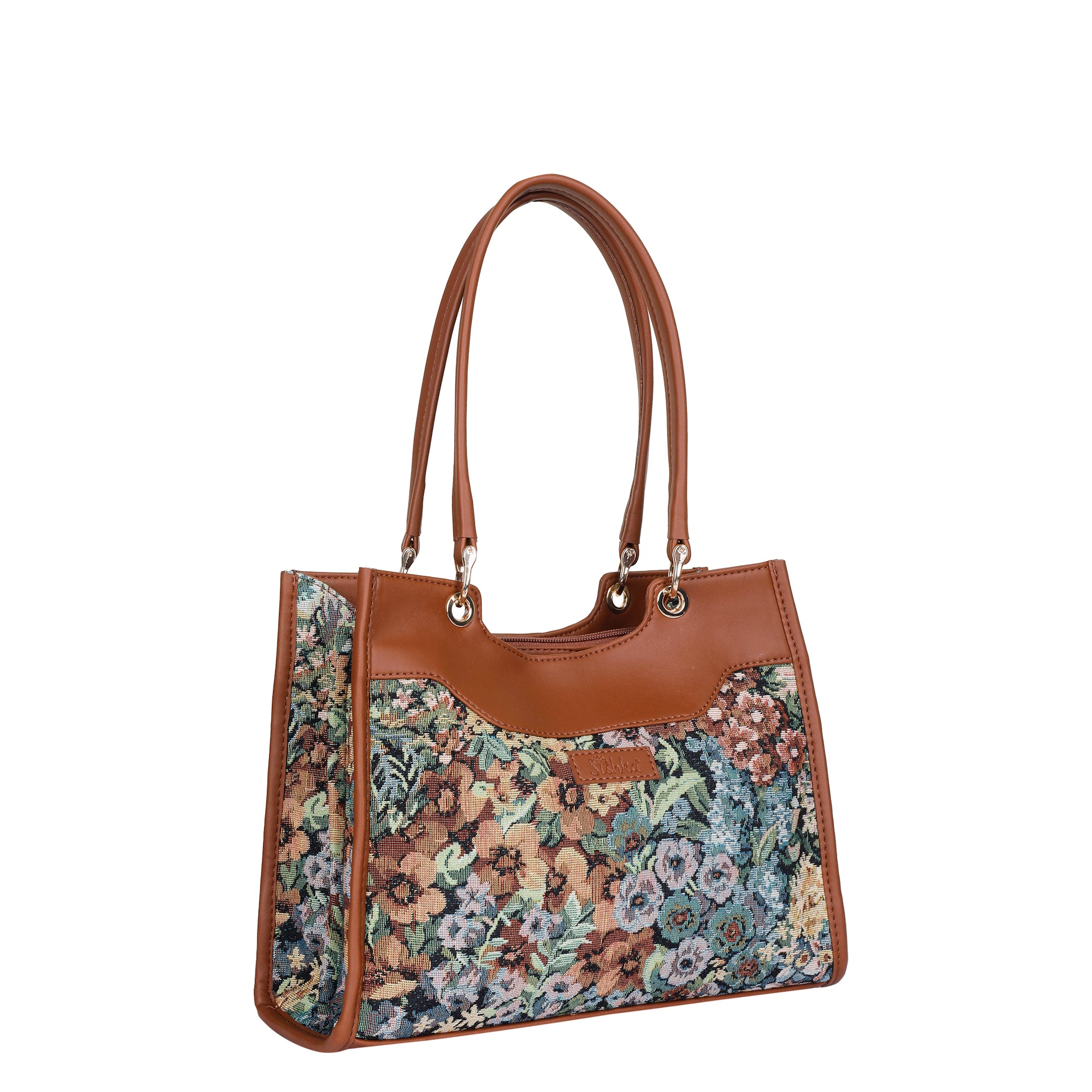 Women’s Botanical Tapestry Satchel Bag Crossbody Shoulder Handbag with Vegan Leather Trim for Everyday Use