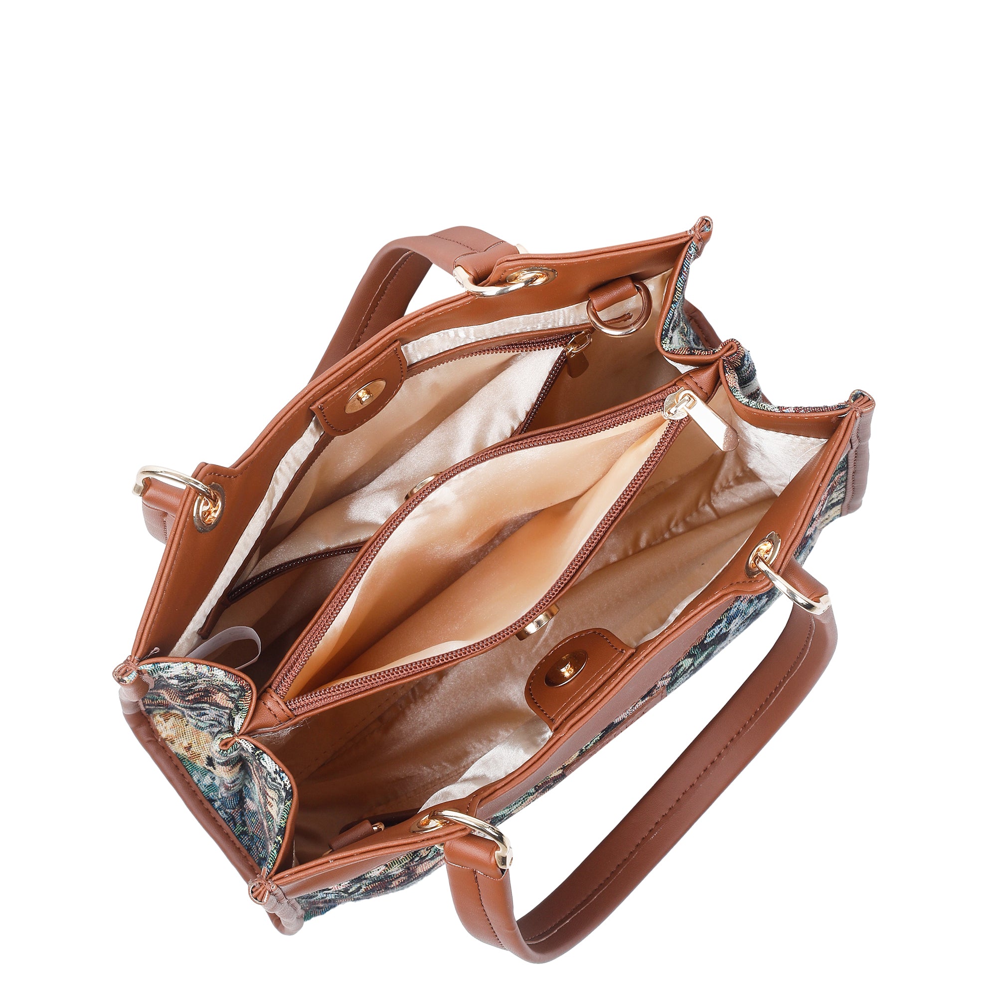 Women’s Botanical Tapestry Satchel Bag Crossbody Shoulder Handbag with Vegan Leather Trim for Everyday Use